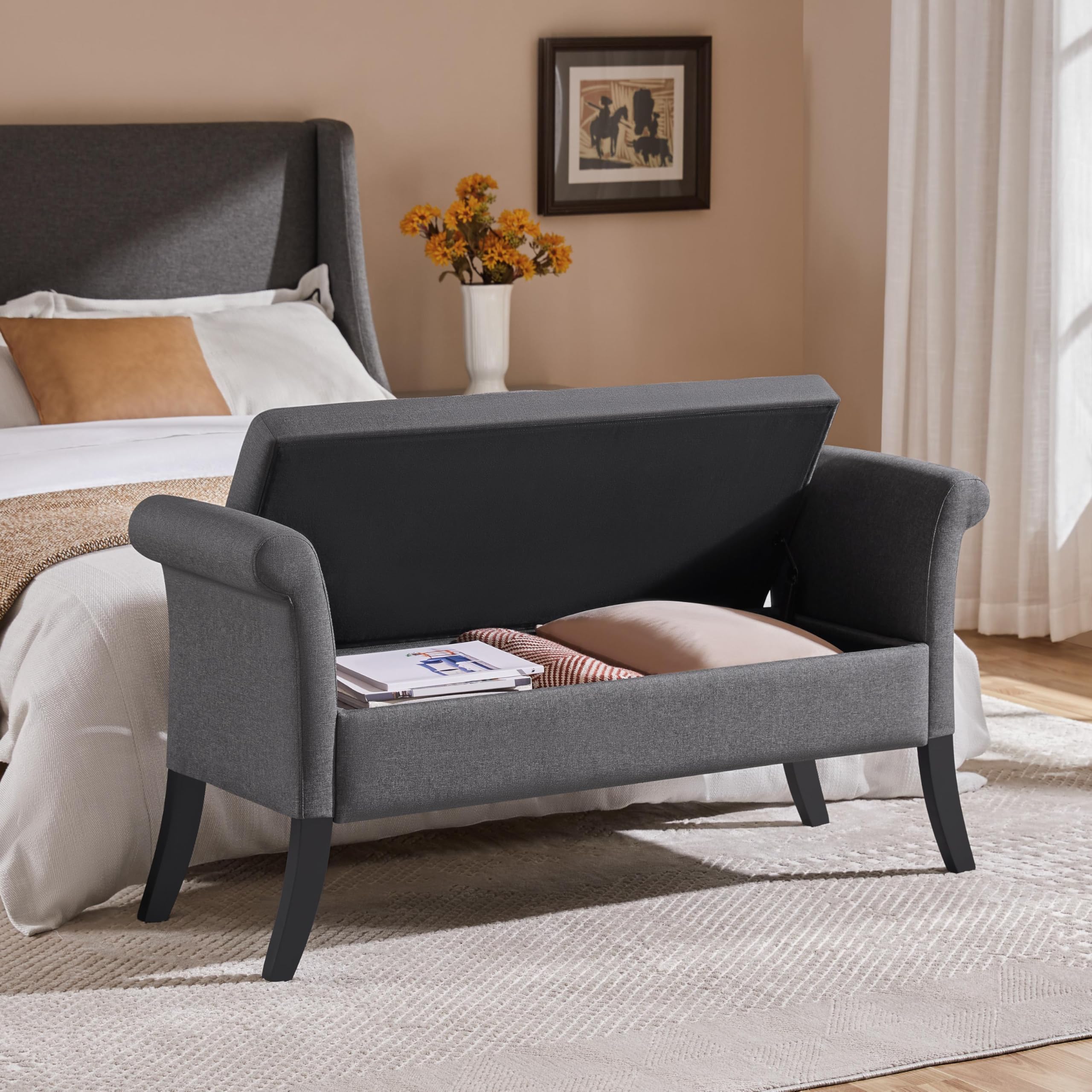 JETRANSPORT - Ottoman With Storage 52" Bench Safety Hinge Upholstered Seating For Bedroom Living Room Holds Up To 661 Lb - Dark Gray Polyester