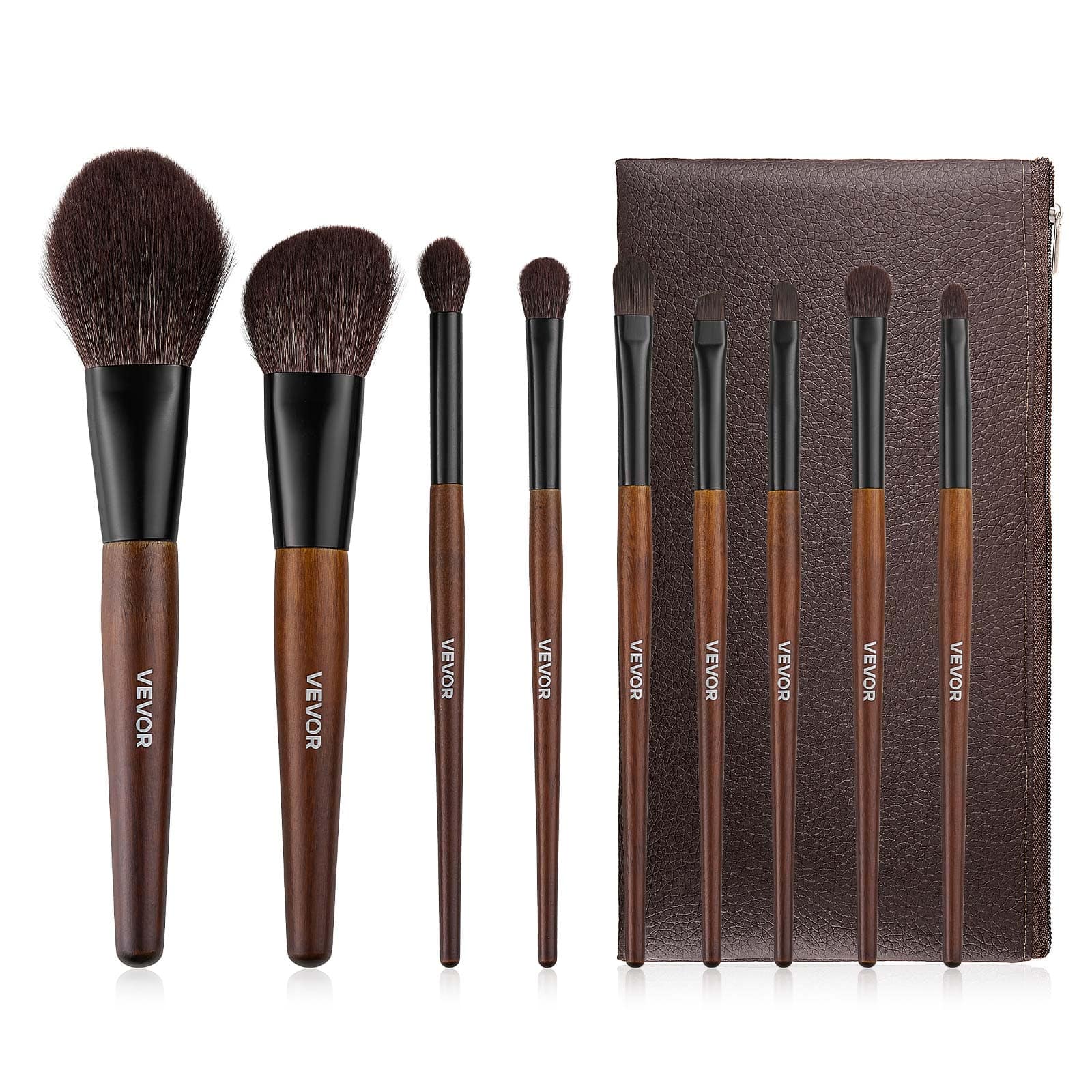 VEVOR - 9-Piece Makeup Brush Set for Foundation Blending Eyeshadow, Professional Makeup Brush Kit with Soft Natural Wool - Brown