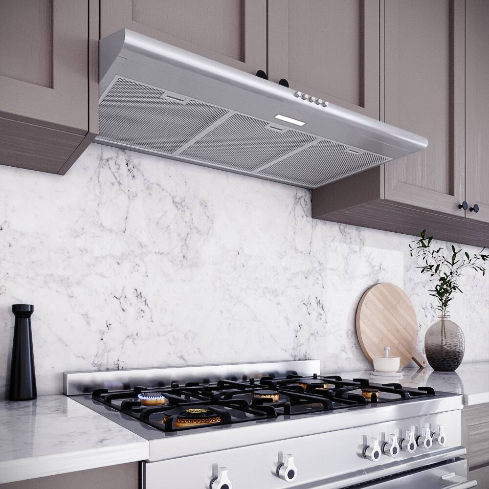 Back. Streamline - 36 in. Amendola Convertible Undermount 80 CFM Range Hood, Mesh Filters, Push Button Control, LED Light - Brushed Stainless Steel.
