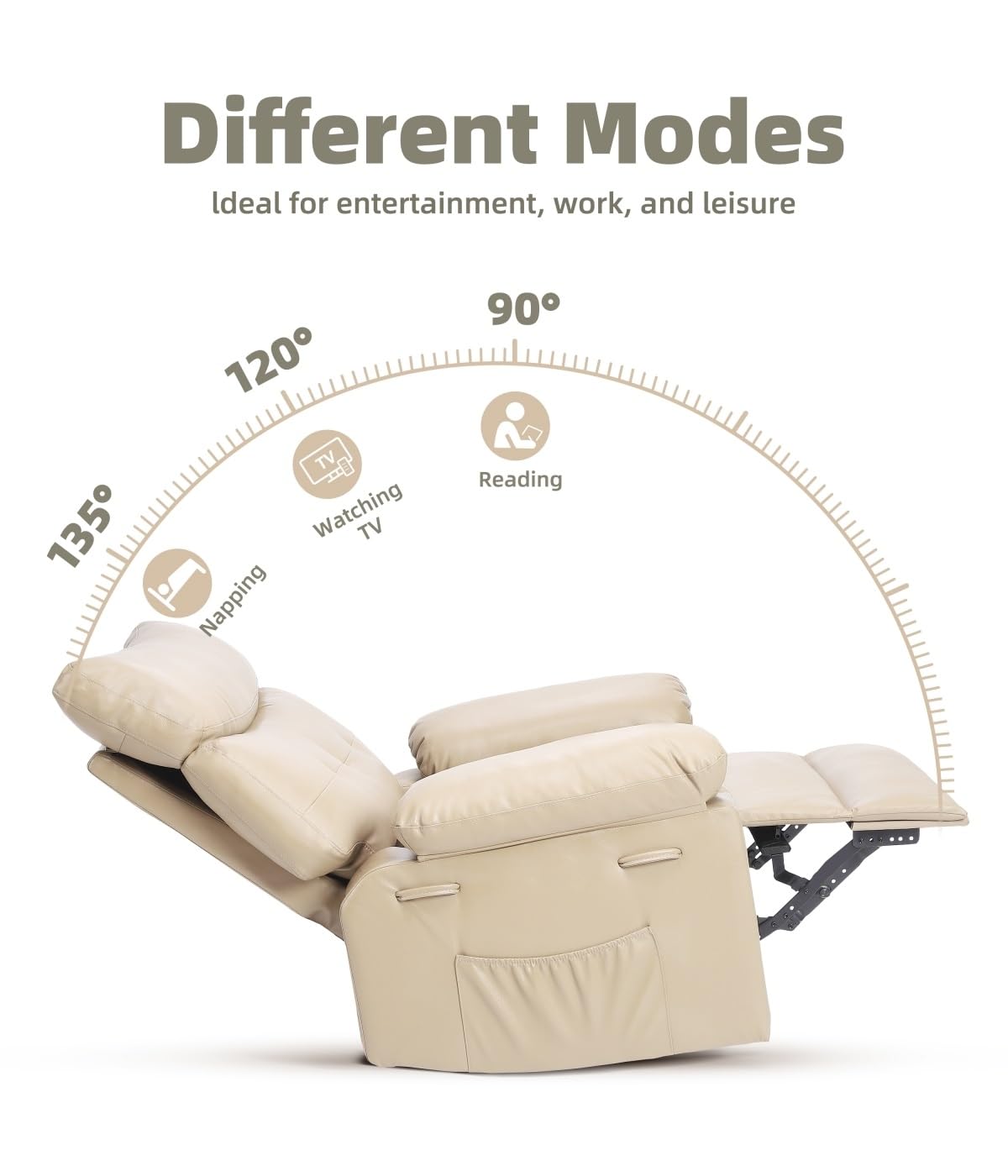 Different Modes  
Ideal for entertainment, work, and leisure  

135° Napping  
120° Watching TV  
90° Reading