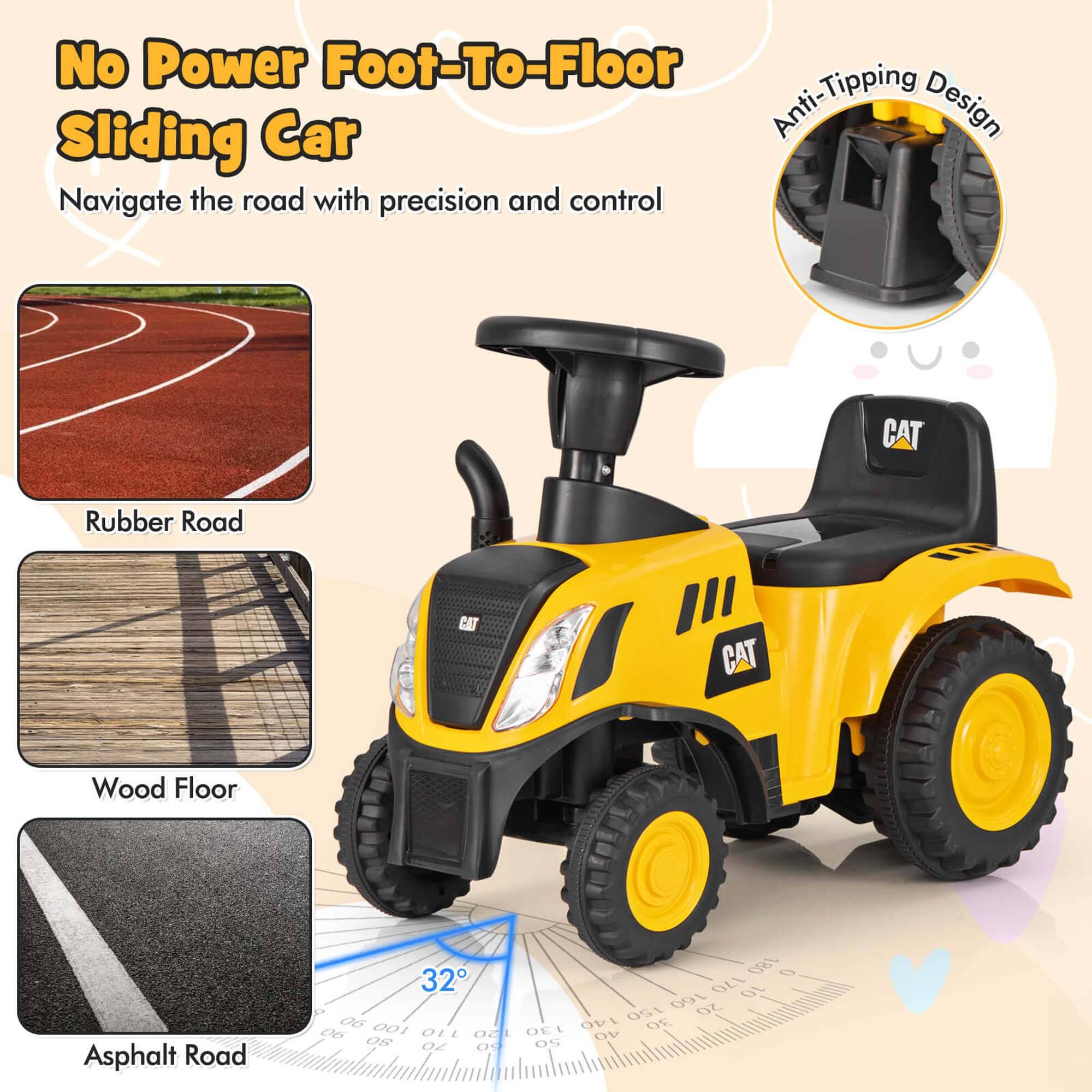 No Power Foot-To-Floor Sliding Car  
Anti-Tipping Design  
Navigate the road with precision and control  

Rubber Road  
Wood Floor  
Asphalt Road  

CAT