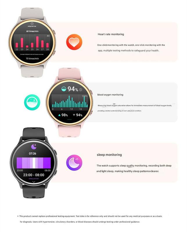 **Heart rate monitoring**

One-click monitoring with the watch, one-click monitoring with the app, multiple testing methods to safeguard your health.

**Blood oxygen monitoring**

Measuring blood oxygen saturation allows for immediate measurement of blood oxygen levels, providing a better understanding of one's physical condition.

**Sleep monitoring**

The watch supports sleep quality monitoring, recording both deep and light sleep, making healthy sleep patterns clearer.

*This product cannot replace professional testing equipment. Test data is for reference only and should not be used for any medical purposes or as a basis for diagnosis. Users with hypertension, circulatory disorders, or blood diseases should undergo testing under professional guidance.*