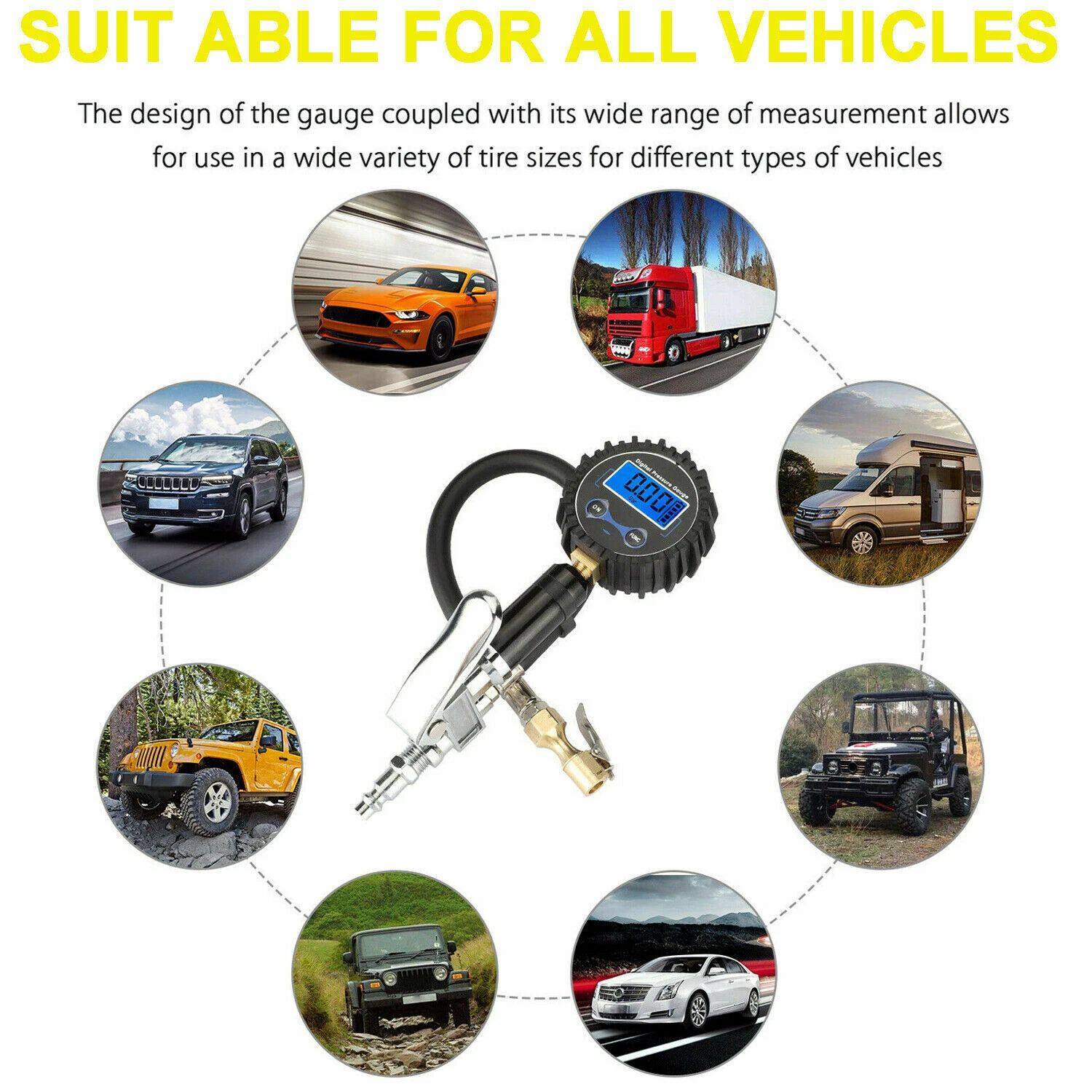 SUITABLE FOR ALL VEHICLES

The design of the gauge coupled with its wide range of measurement allows for use in a wide variety of tire sizes for different types of vehicles.