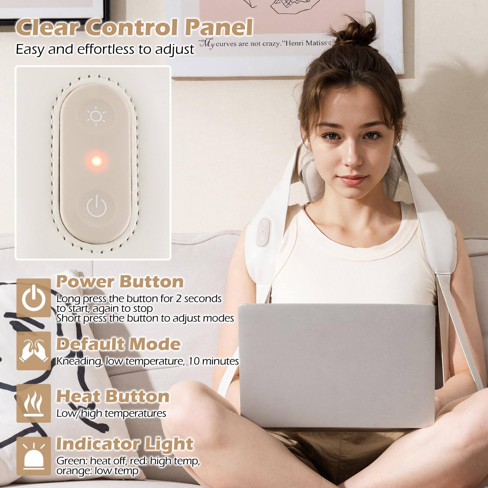 Clear Control Panel  
Easy and effortless to adjust  
"My curves are not crazy." Henri Matisse  

Power Button  
Long press the button for 2 seconds to start, again to stop  
Short press the button to adjust modes  

Default Mode  
Kneading, low temperature, 10 minutes  

Heat Button  
Low/high temperatures  

Indicator Light  
Green: heat off, red: high temp, orange: low temp