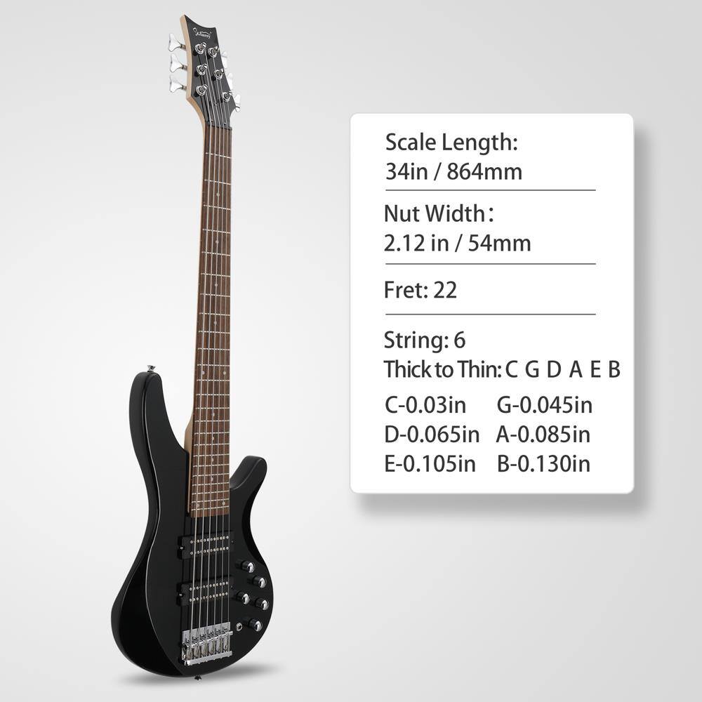 Scale Length: 34in / 864mm  
Nut Width: 2.12in / 54mm  
Fret: 22  
String: 6  
Thick to Thin: C G D A E B  
C-0.03in  
G-0.045in  
D-0.065in  
A-0.085in  
E-0.105in  
B-0.130in