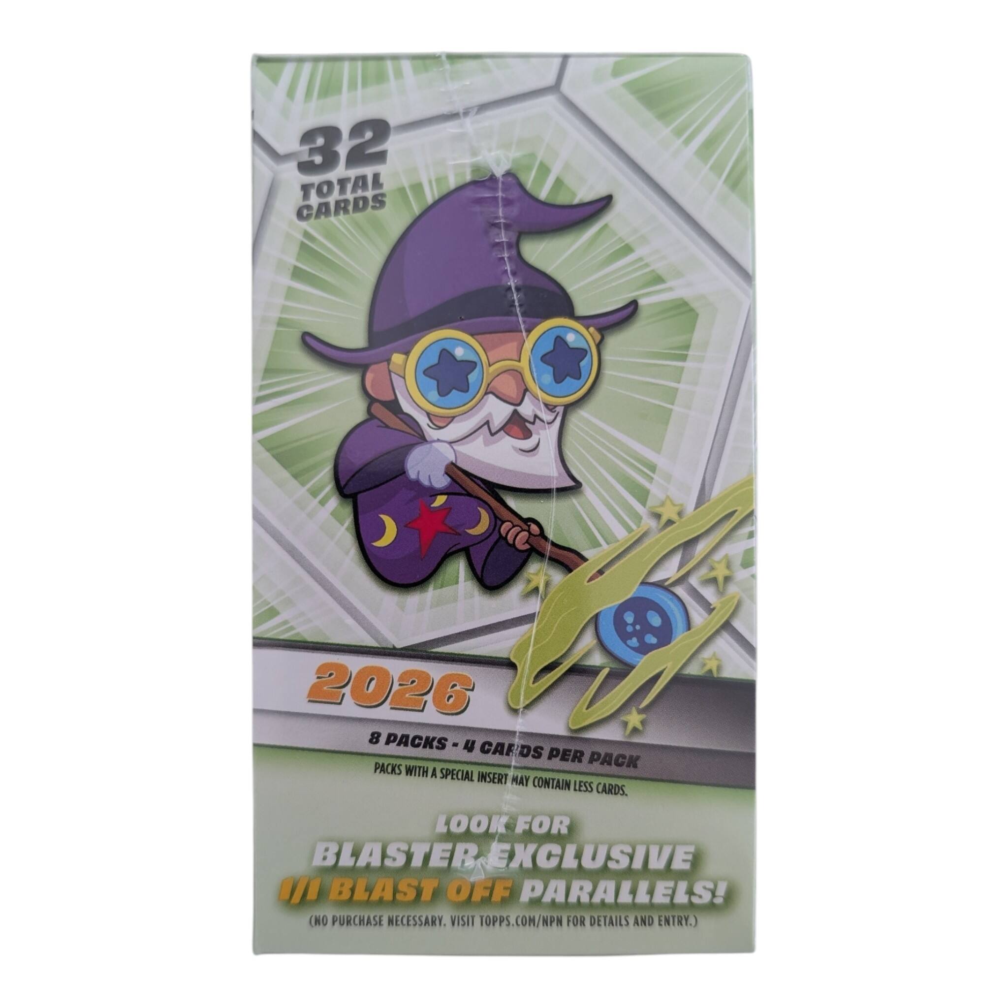 32 TOTAL CARDS  
2026  
8 PACKS - 4 CARDS PER PACK  
PACKS WITH A SPECIAL INSERT MAY CONTAIN LESS CARDS.  
LOOK FOR BLASTER EXCLUSIVE // BLAST OFF PARALLELS!  
(NO PURCHASE NECESSARY. VISIT TOPPS.COM/NPN FOR DETAILS AND ENTRY.)