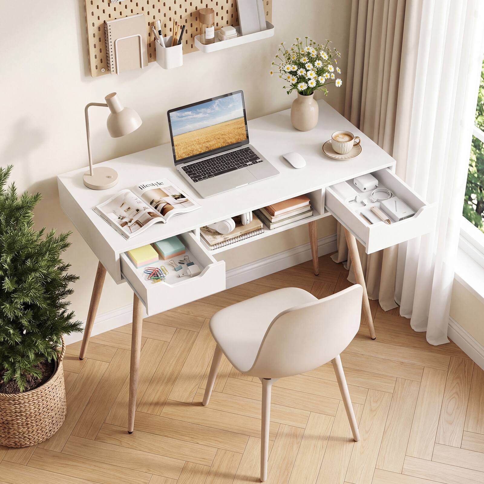Alt View 3. Costway - Costway Computer Desk with Drawers, Open Storage Compartment for Small Spaces, Office - White.