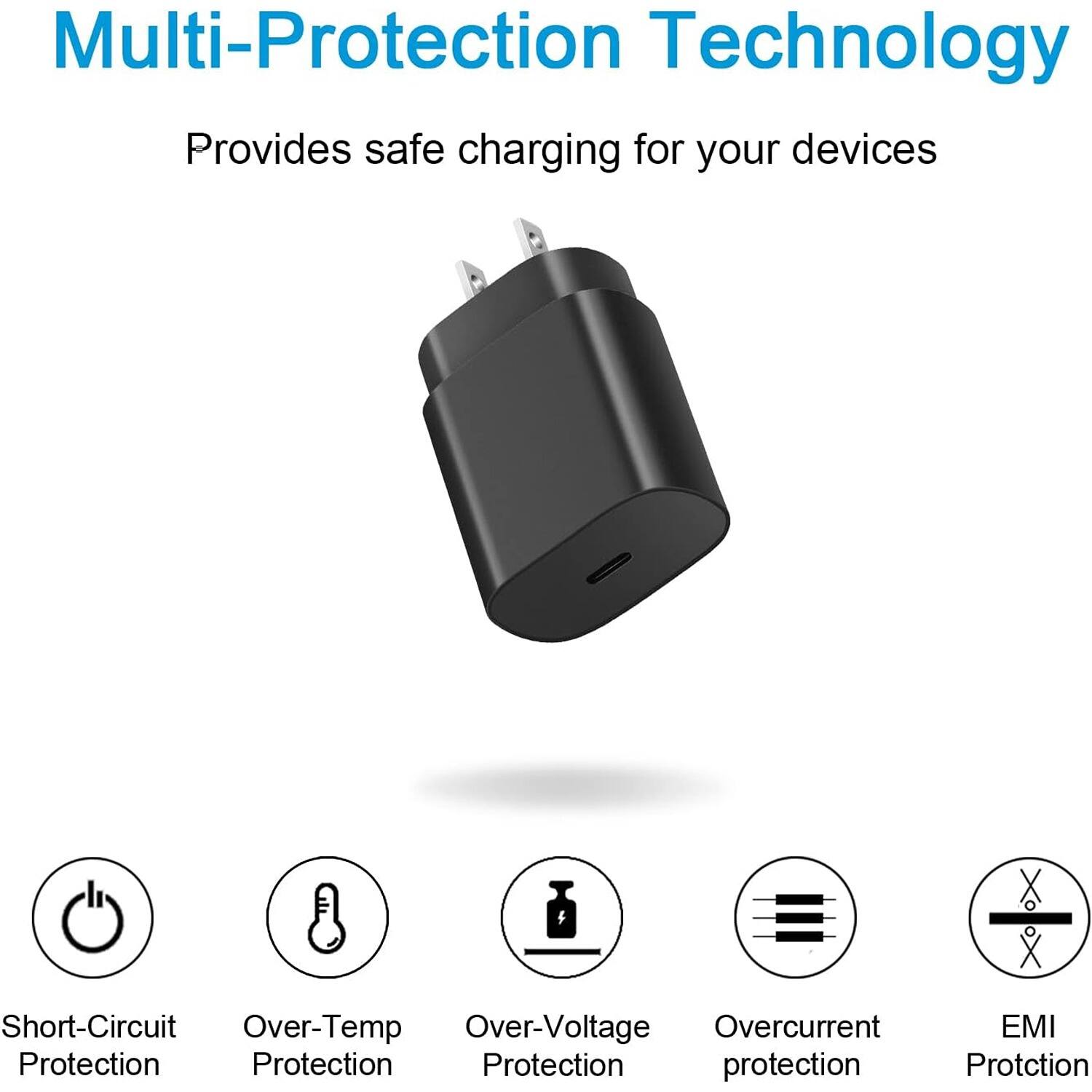 Multi-Protection Technology, Provides safe charging for your devices, Short-Circuit Protection, Over-Temp Protection, Over-Voltage Protection, Overcurrent Protection, EMI Protection
