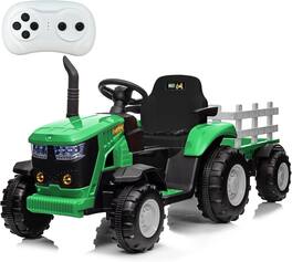 GARVEE - 12V Electric Ride-On Tractor for Kids, Dual 35W Motors, Remote Control, Detachable Trailer, LED Lights & Music - Green