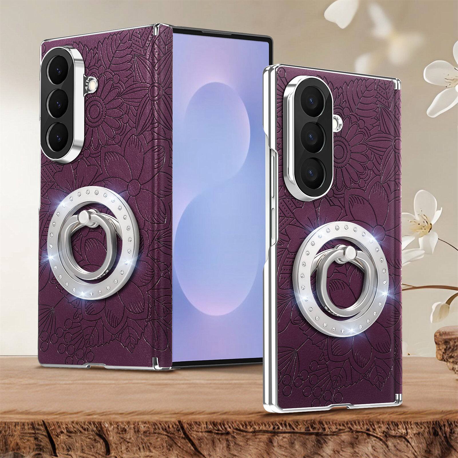 Alt View 2. Dteck - Shockproof Leather Texture Case for Samsung Galaxy Z Fold8 Ultra with Ring Stand, Magnetic Rigid Plastic Hinge Cover - Purple.