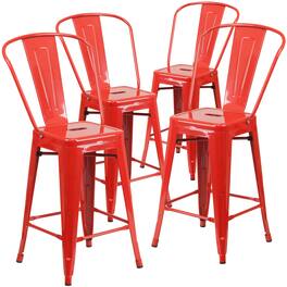 Emma + Oliver - Commercial Grade 4 Pack 24" High Metal Indoor-Outdoor Counter Height Stool with Back - Red