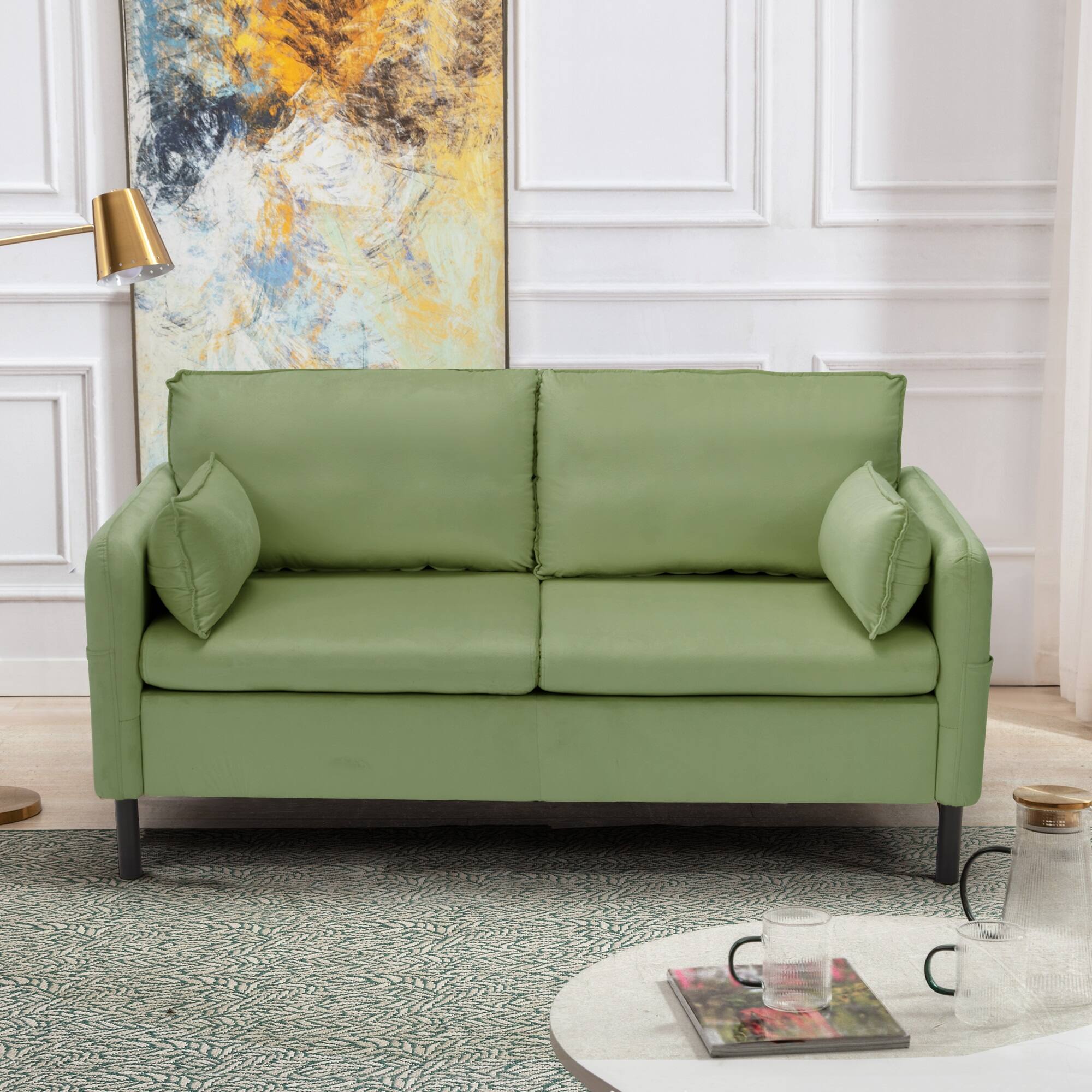 Angle. U-HOMY - Modern Loveseat Sofa with Storage Pockets and Cushions – Small Space 2-Seater Couch for Living Room - Green.