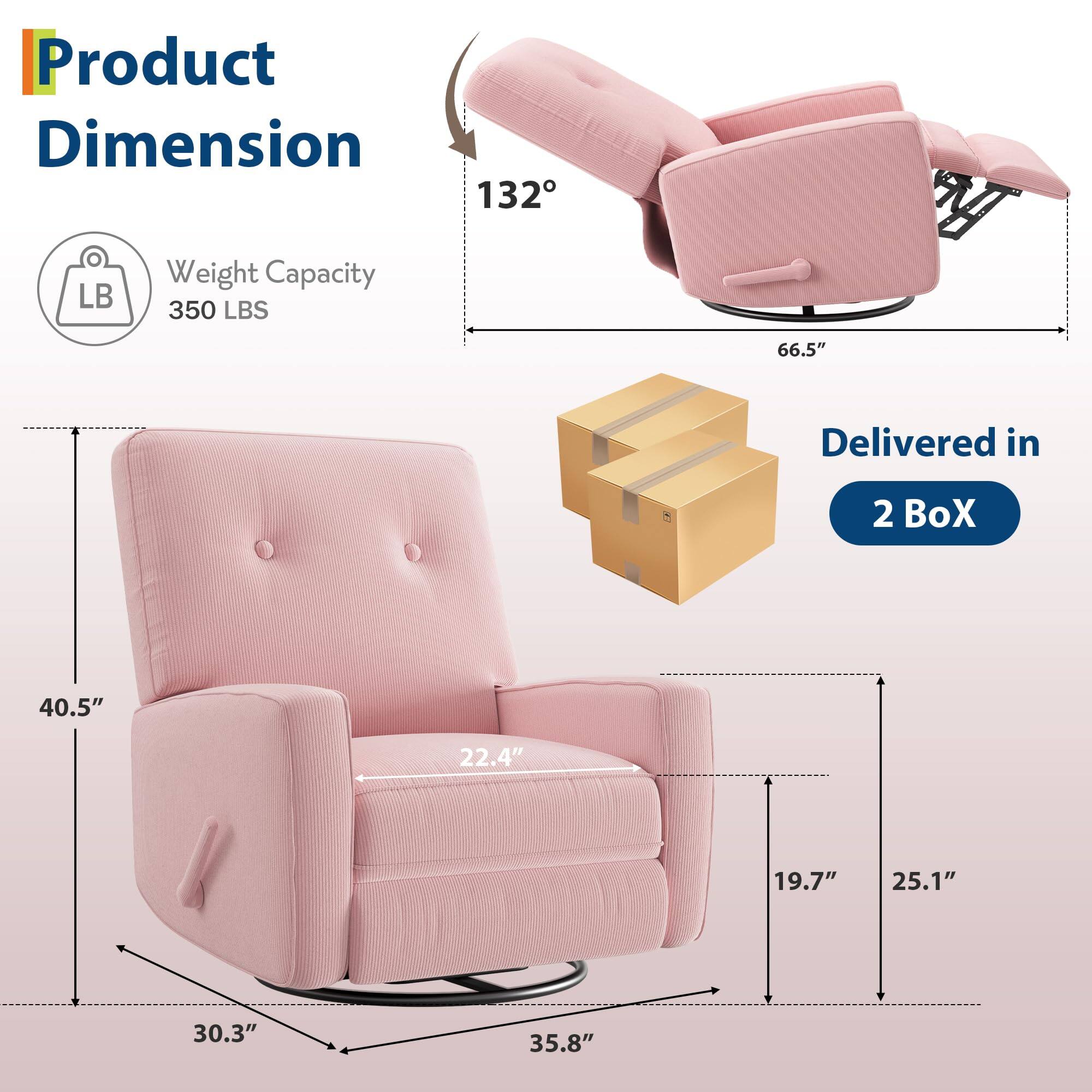 Product Dimension  
Weight Capacity 350 LBS  
Delivered in 2 Box  

132°  
66.5"  
40.5"  
22.4"  
30.3"  
35.8"  
19.7"  
25.1"