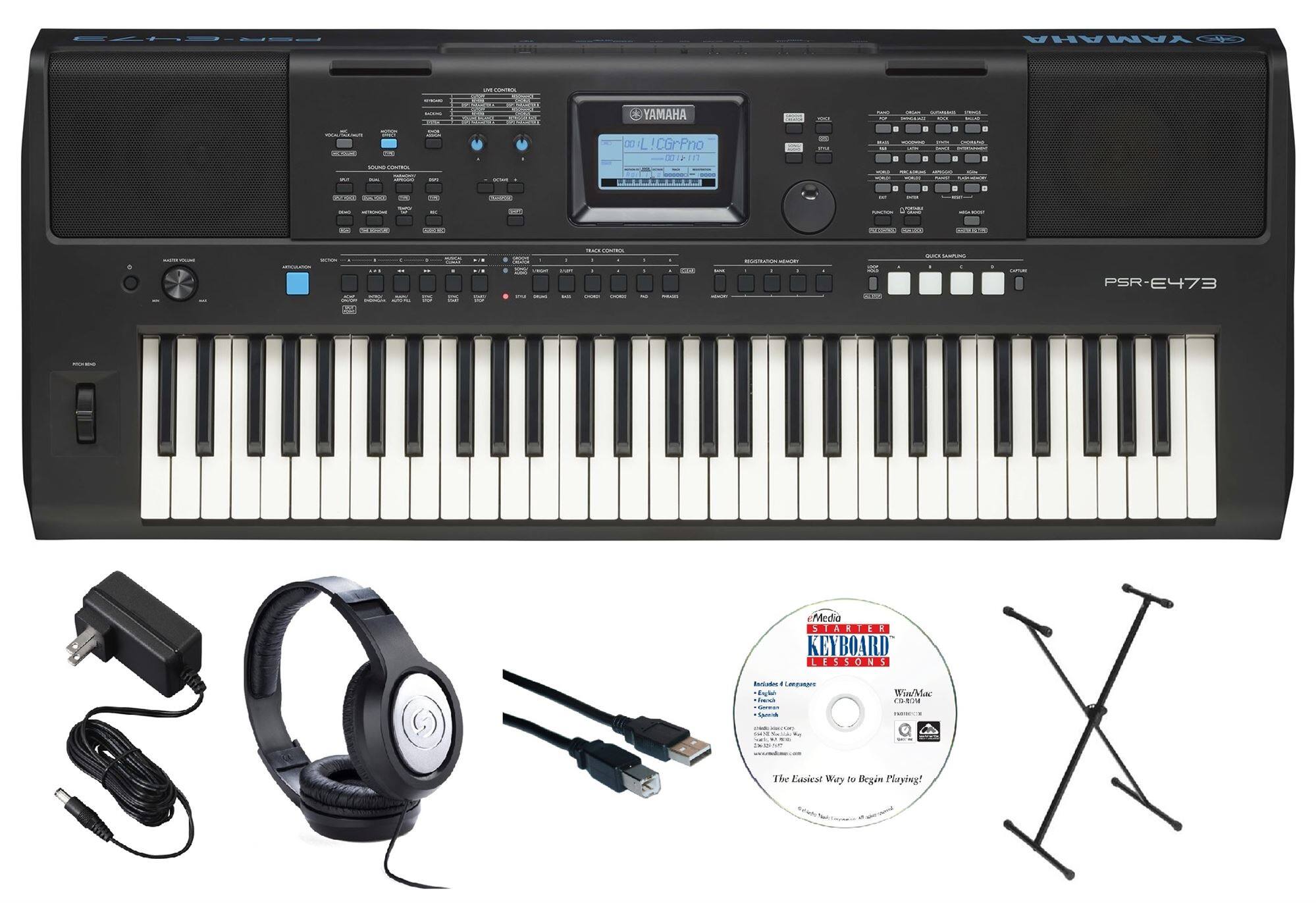 Front. Yamaha - PSR-E373 EPS 61-Key Keyboard Pack with X-Stand, AC Adapter, Headphones, and Software - Black.
