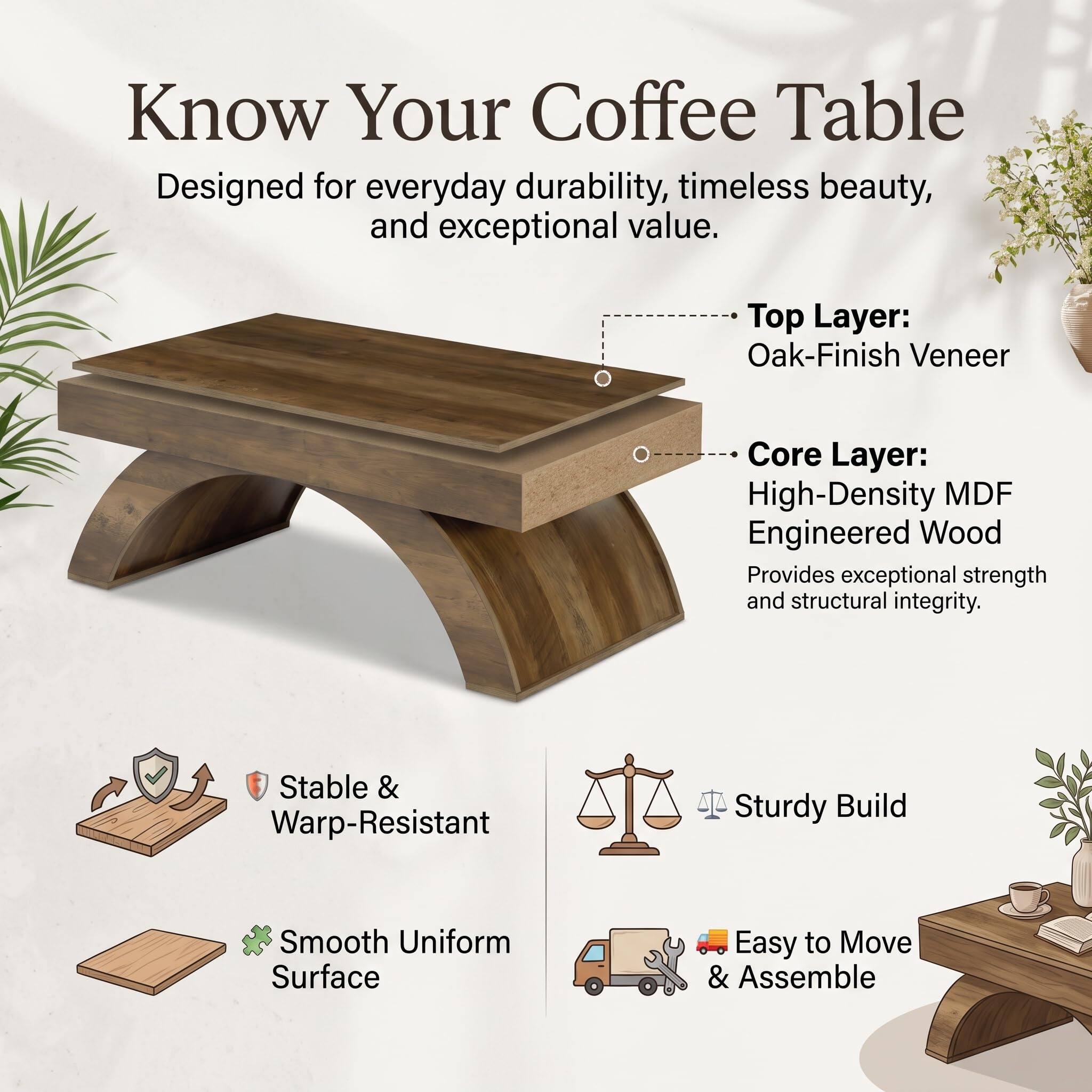 Know Your Coffee Table  
Designed for everyday durability, timeless beauty, and exceptional value.  

Top Layer: Oak-Finish Veneer  
Core Layer: High-Density MDF Engineered Wood  
Provides exceptional strength and structural integrity.  

Stable & Warp-Resistant  
Sturdy Build  
Smooth Uniform Surface  
Easy to Move & Assemble