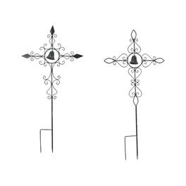 Things2Die4 - Set of 2 Finished Scroll Design Metal Garden Stakes With Wind Bells - Bronze