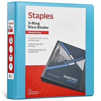 Staples  
3-Ring View Binder  
Standard Duty  

The perfect binder for your everyday needs  
2 tabs for easy open and close  
D-Rings keep pages flat and fits more pages  

QUARTERLY REPORT  

Staples  
38mm  
3-Ring View Binder  
Standard Duty