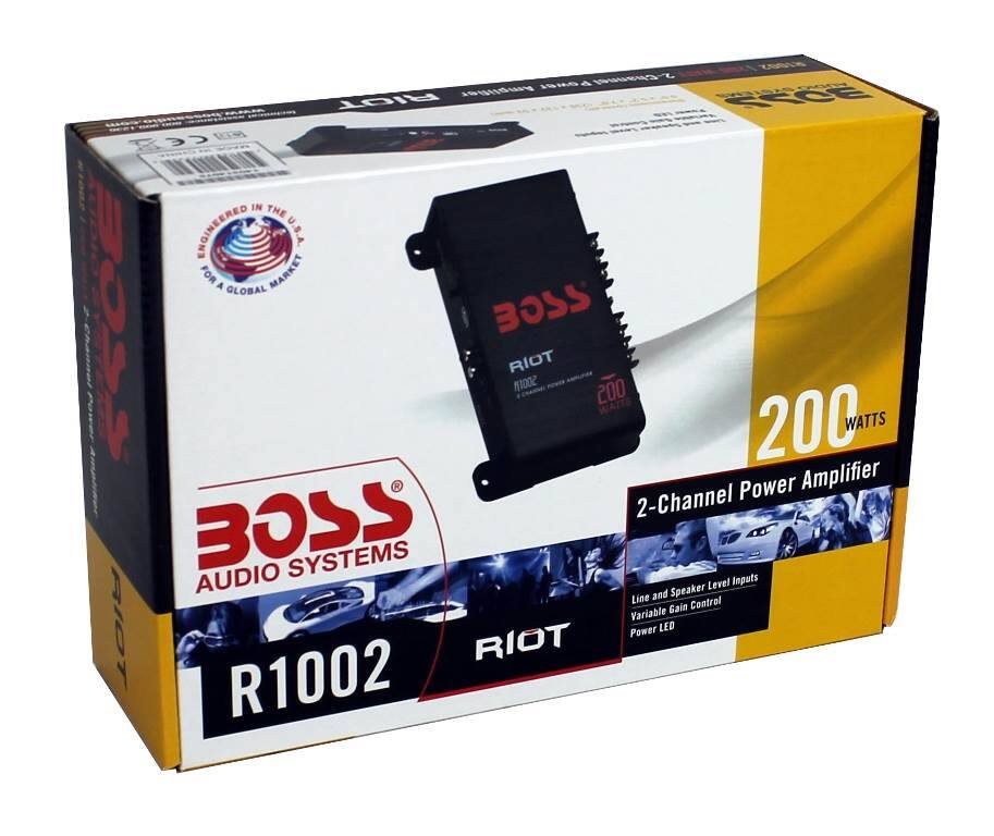 BOSS Audio Systems  
R1002  
RIOT  
200 Watts  
2-Channel Power Amplifier  
Line and Speaker Level Inputs  
Variable Gain Control  
Power LED  
Engineered in the USA for a Global Market
