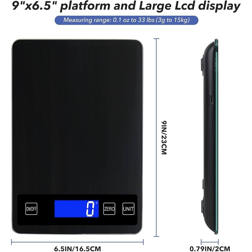9"x6.5" platform and Large Lcd display  
Measuring range: 0.1 oz to 33 lbs (3g to 15kg)  

9IN/23CM  
6.5IN/16.5CM  
0.79IN/2CM