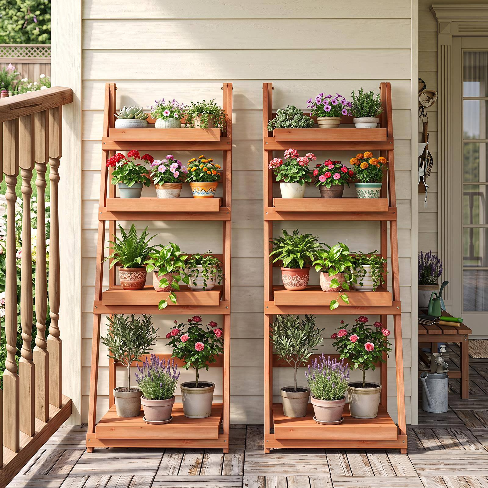 Alt View 1. Costway - Costway 4-Tier Plant Stand Foldable Ladder Plant Shelf with Slatted Shelves, Fir Wood Frame - Orange.