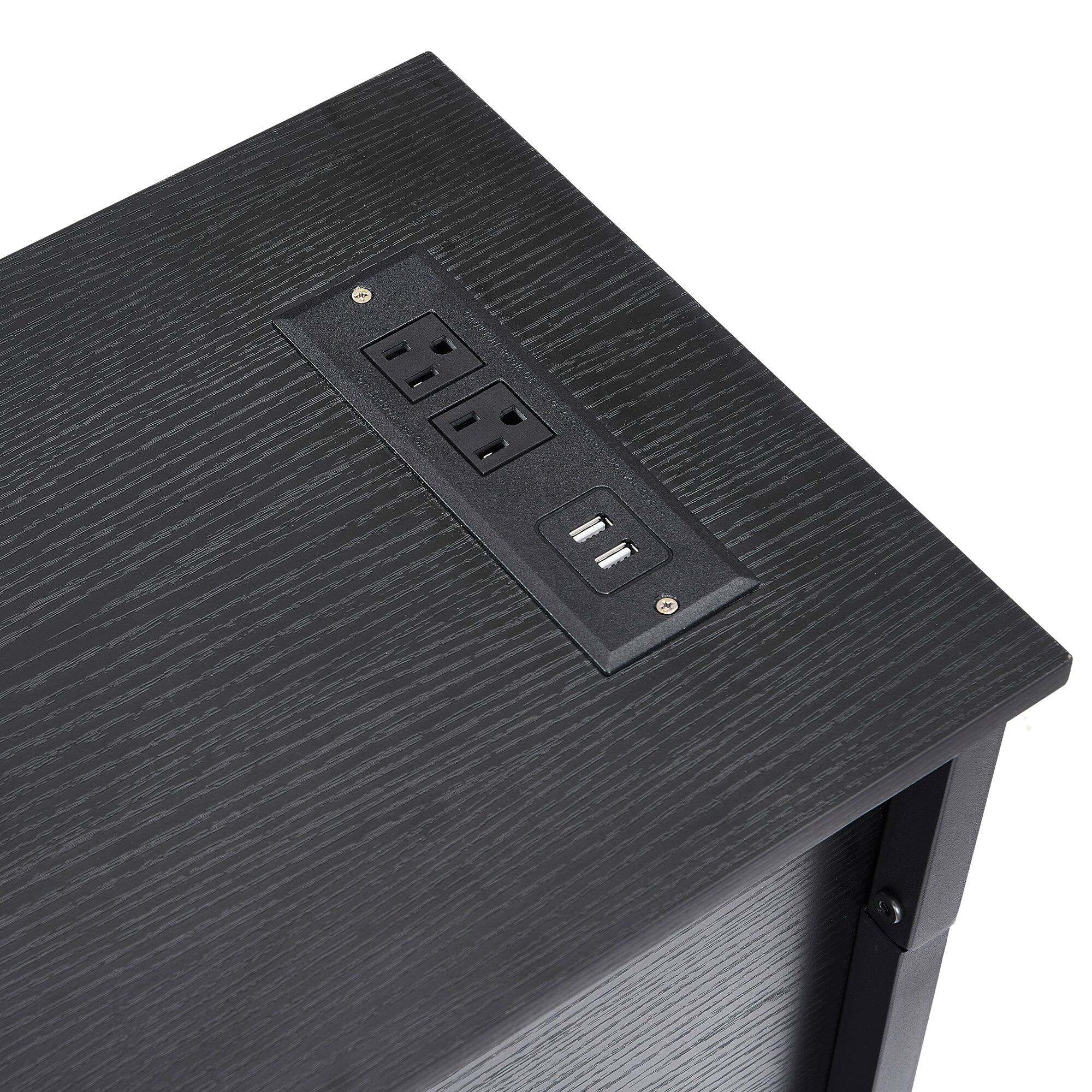 Left. Vecelo - Set of 2 Charging Nightstand with Outlets & USB Ports - Bedside Table With Fabric Drawers, Modern End Table - Black.