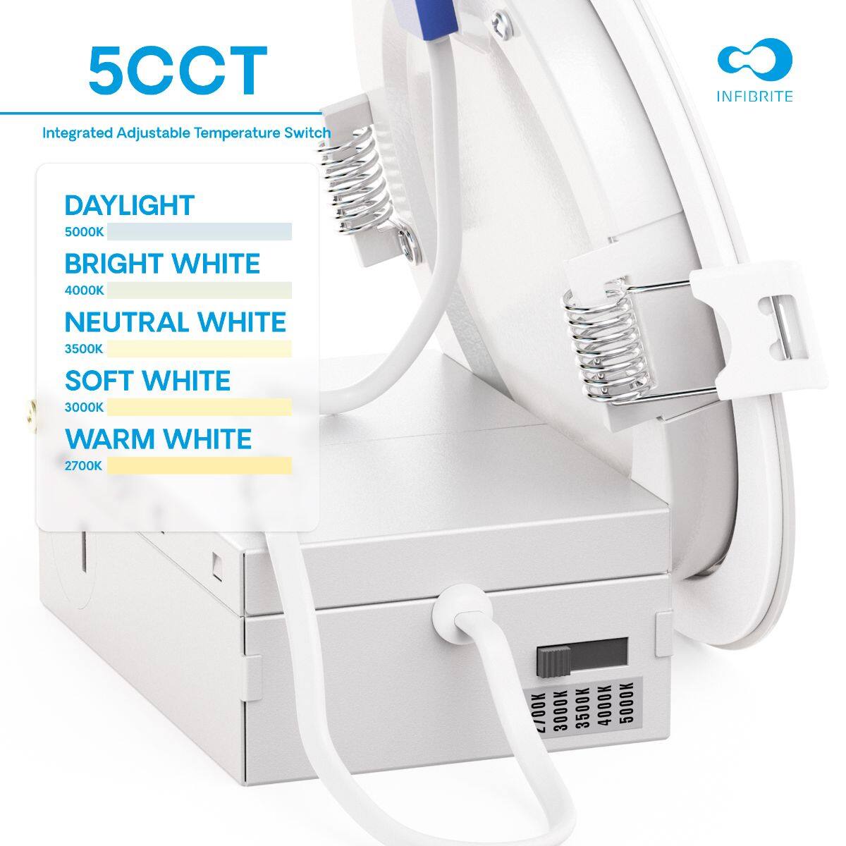 5CCT Integrated Adjustable Temperature Switch

INFIBRITE

DAYLIGHT 5000K  
BRIGHT WHITE 4000K  
NEUTRAL WHITE 3500K  
SOFT WHITE 3000K  
WARM WHITE 2700K