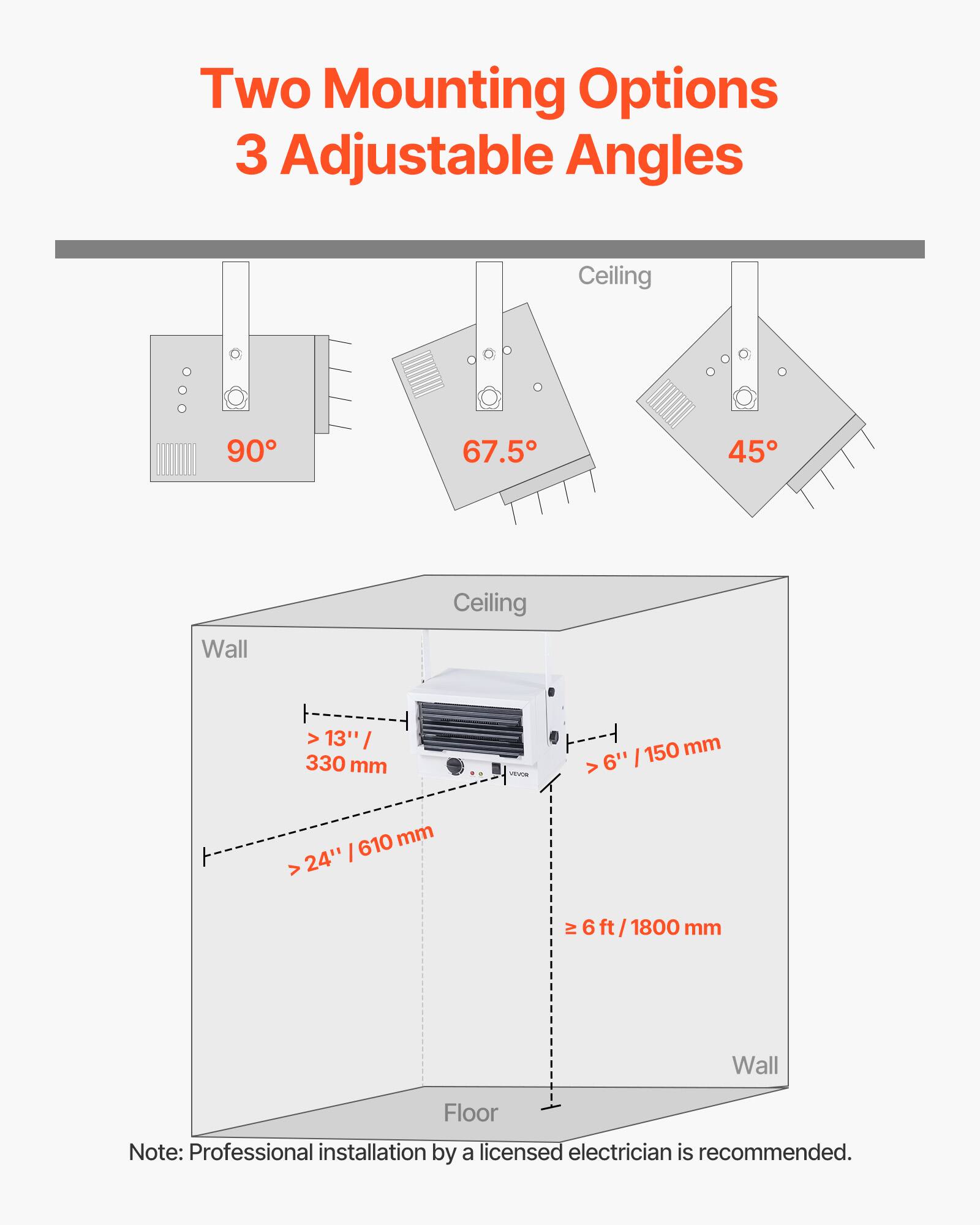 Two Mounting Options  
3 Adjustable Angles

Ceiling  
90°  
67.5°  
45°

Wall  
Ceiling  
> 13" / 330 mm  
6" / 150 mm  
> 24" / 610 mm  
6 ft / 1800 mm

Note: Professional installation by a licensed electrician is recommended.
