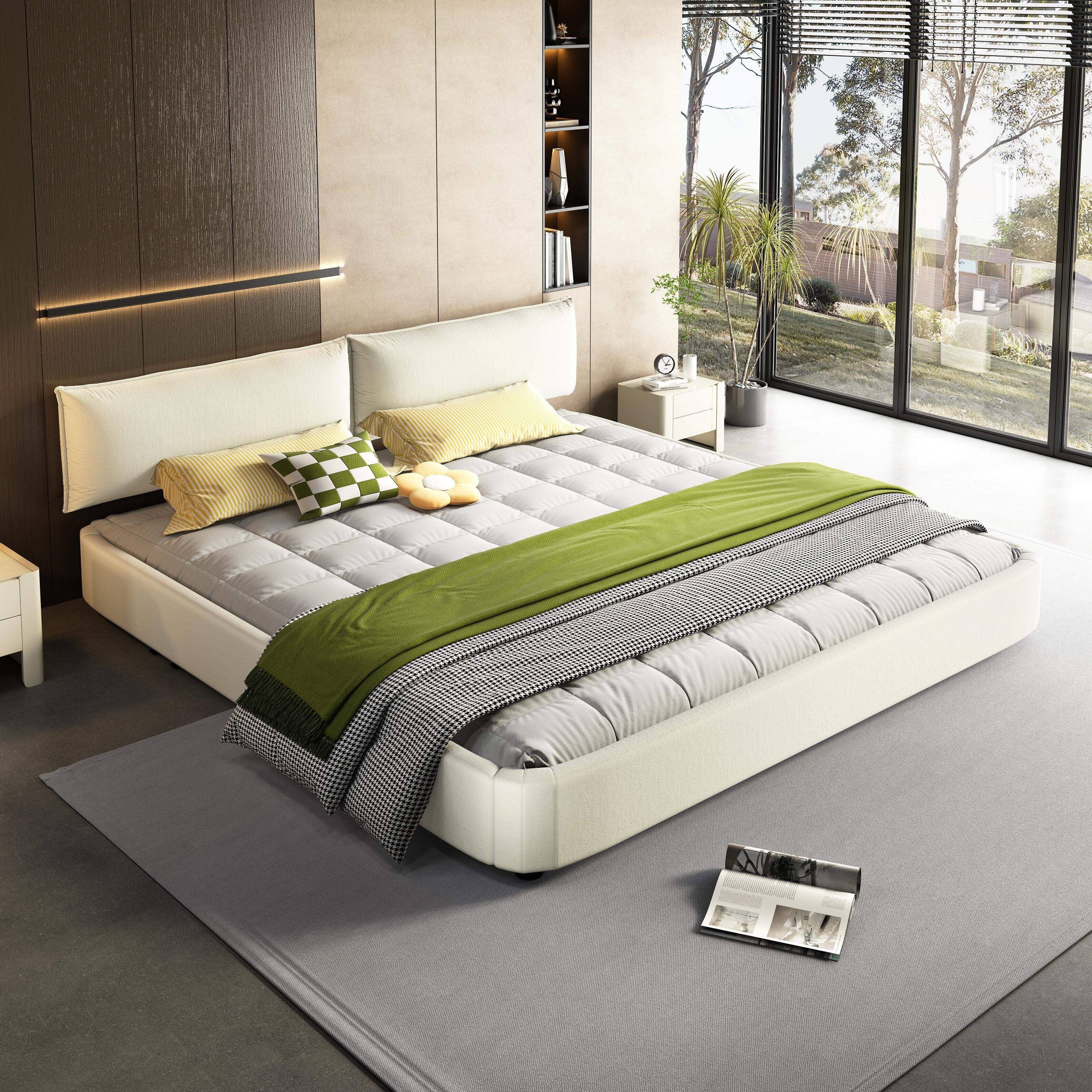 Angle. LOVMOR - King Size Cloud Bed Frame with Oversized Padded Movable Headboard Chenille Upholstered Bed with Round CornerMetal Solid - White.