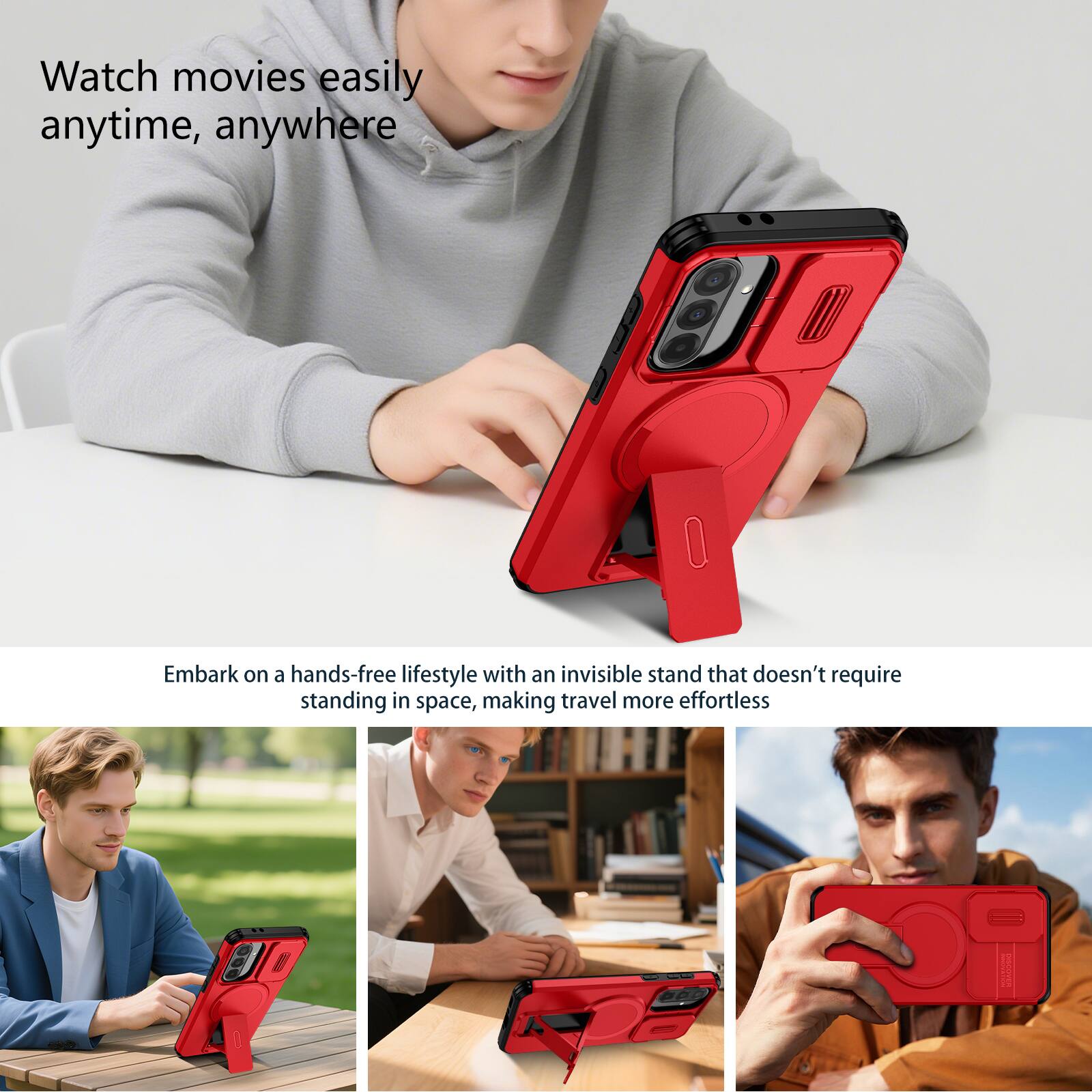 Watch movies easily anytime, anywhere

Embark on a hands-free lifestyle with an invisible stand that doesn't require standing in space, making travel more effortless