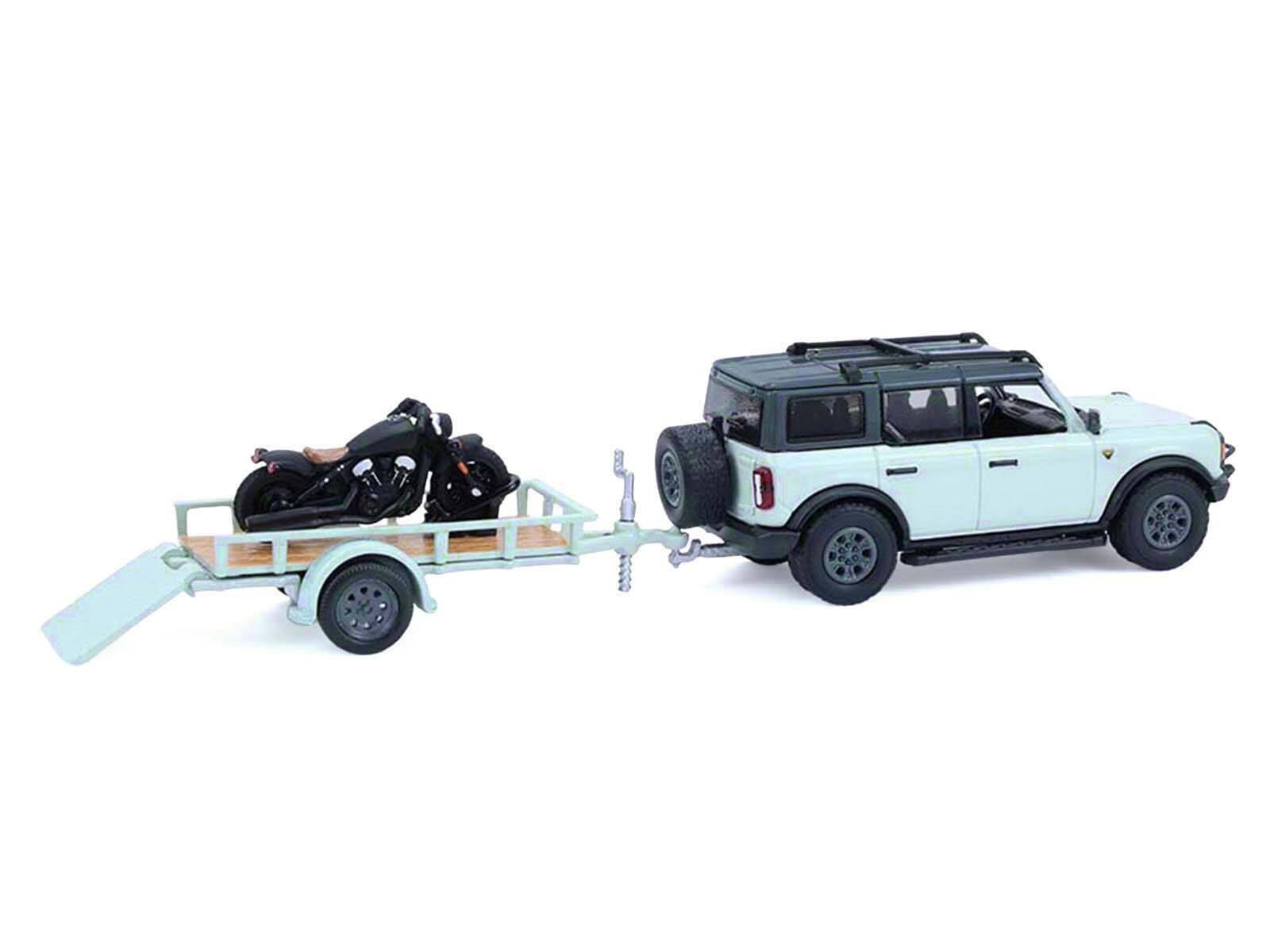 Alt View 3. Greenlight - 2021 Ford Bronco 4-Door Badlands Cactus Gray with Black Top and Motorcycle with Trailer 1/64 Model Cars by Greenlight.