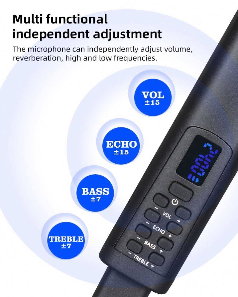 Multi functional independent adjustment

The microphone can independently adjust volume, reverberation, high and low frequencies.

- VOL ±15
- ECHO ±15
- BASS ±7
- TREBLE ±7