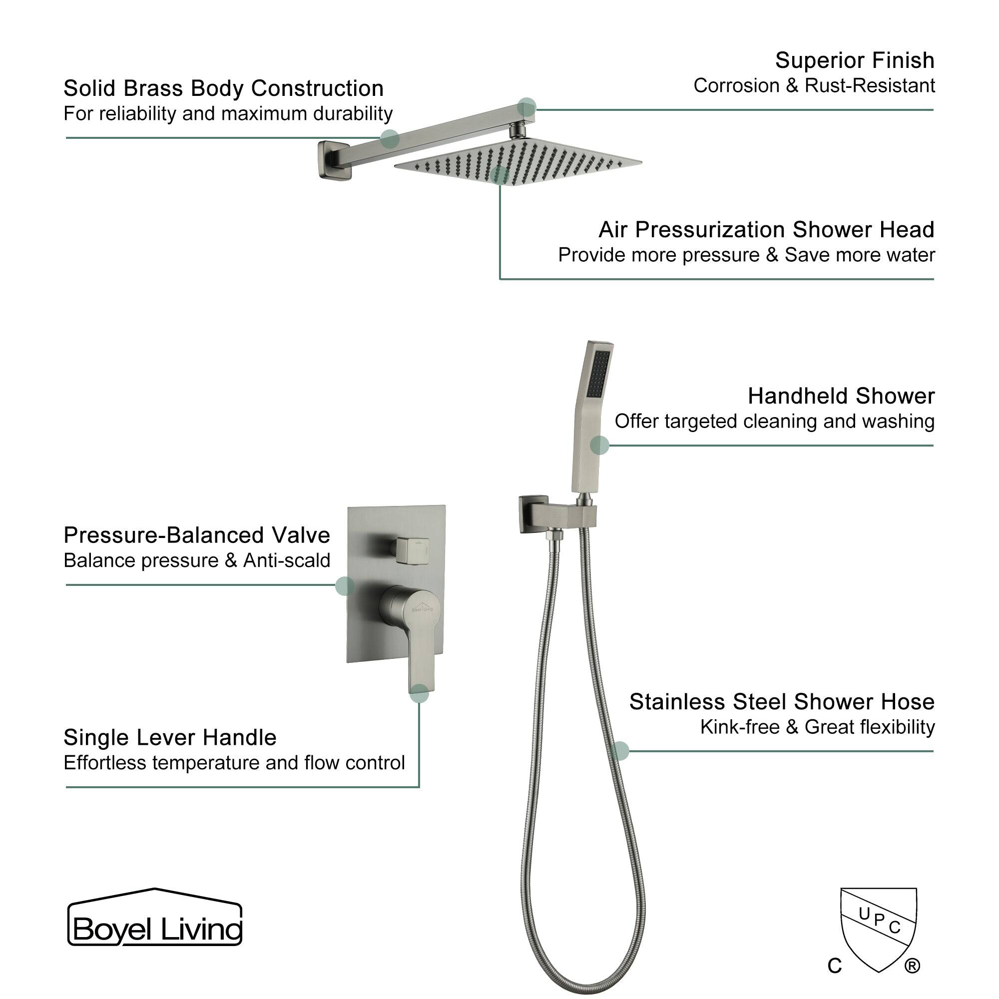 Solid Brass Body Construction, Superior Finish, Air Pressurization Shower Head, Handheld Shower, Pressure-Balanced Valve, Single Lever Handle, Stainless Steel Shower Hose, Boyel Living, UPC C R
