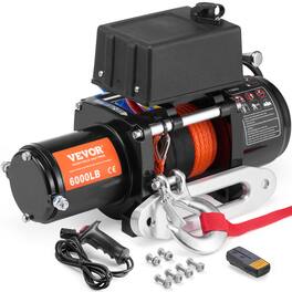 VEVOR - Electric Winch, 6000 lb, 12V DC Truck Winch with Φ1/4 in x 55 ft Synthetic Rope Aluminum Fairlead Wireless - Black