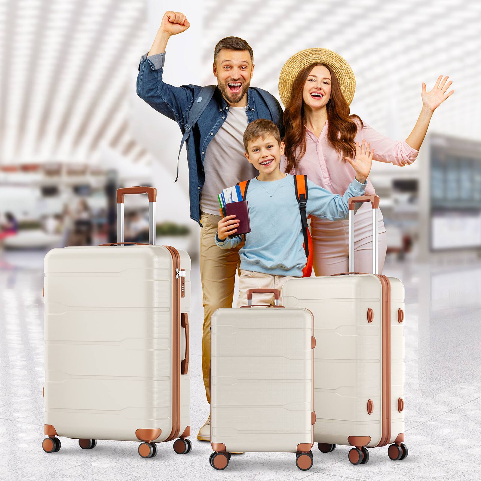 Alt View 4. Sugift - 3-Piece Hardshell Checked Spinner Luggage Sets PC+ABS Suitcase Set with YKK Zipper and TSA Lock,20in/24in/28in - Beige.