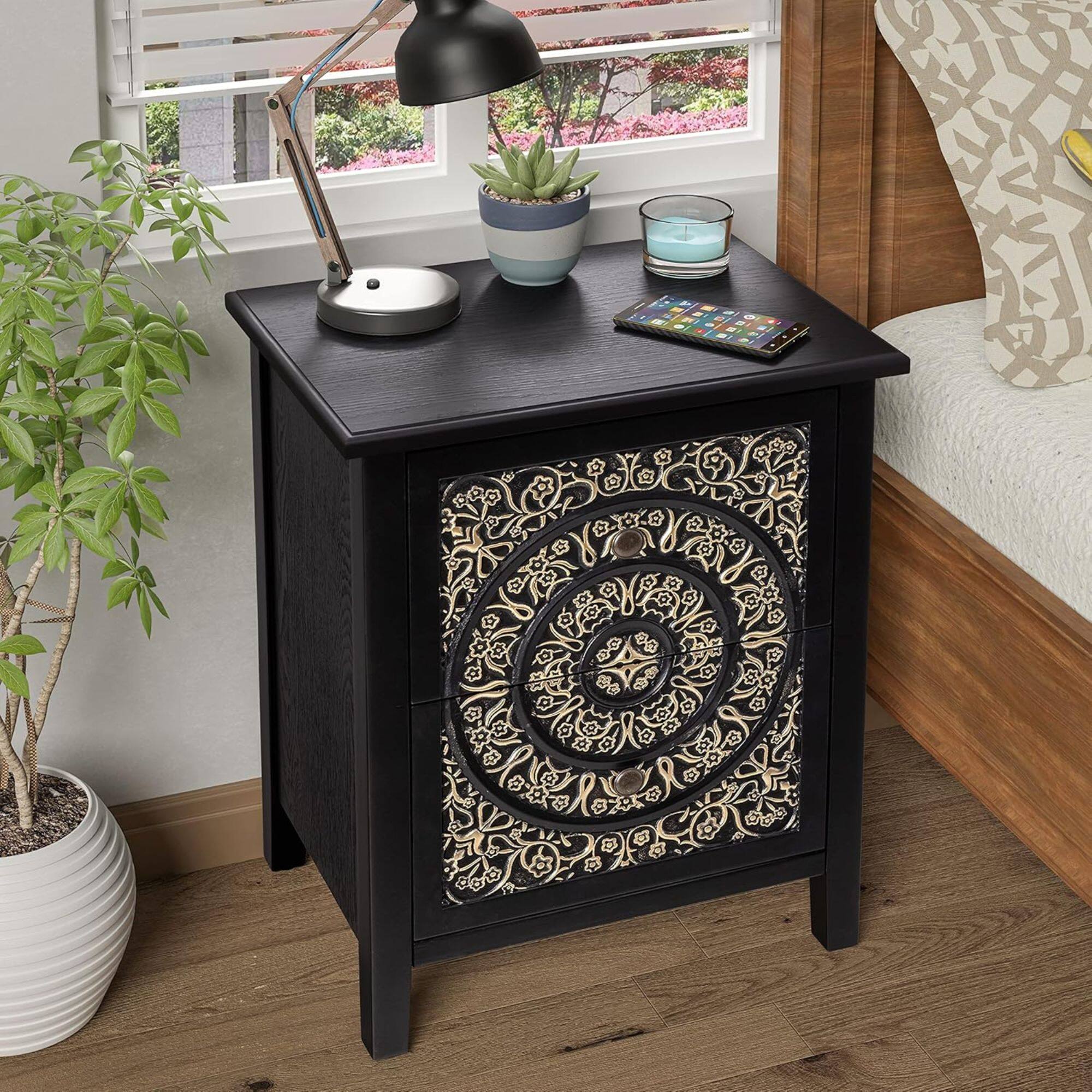 Alt View 5. COZAYH - COZAYH Farmhouse 2 Drawer Home Bedroom Nightstand w/Embossed Flower Motif, Black - Gold & Black.