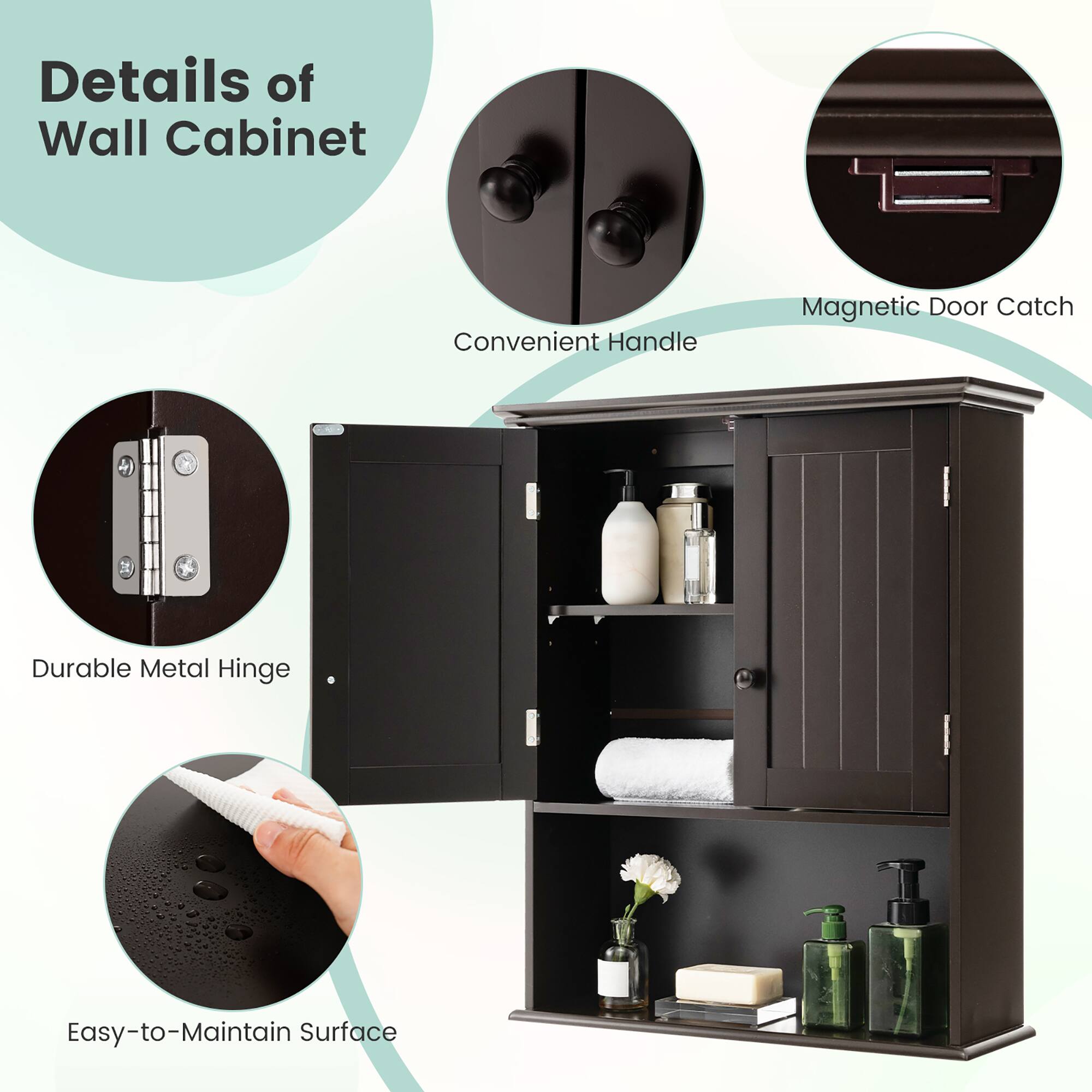 Details of Wall Cabinet

- Convenient Handle
- Magnetic Door Catch
- Durable Metal Hinge
- Easy-to-Maintain Surface