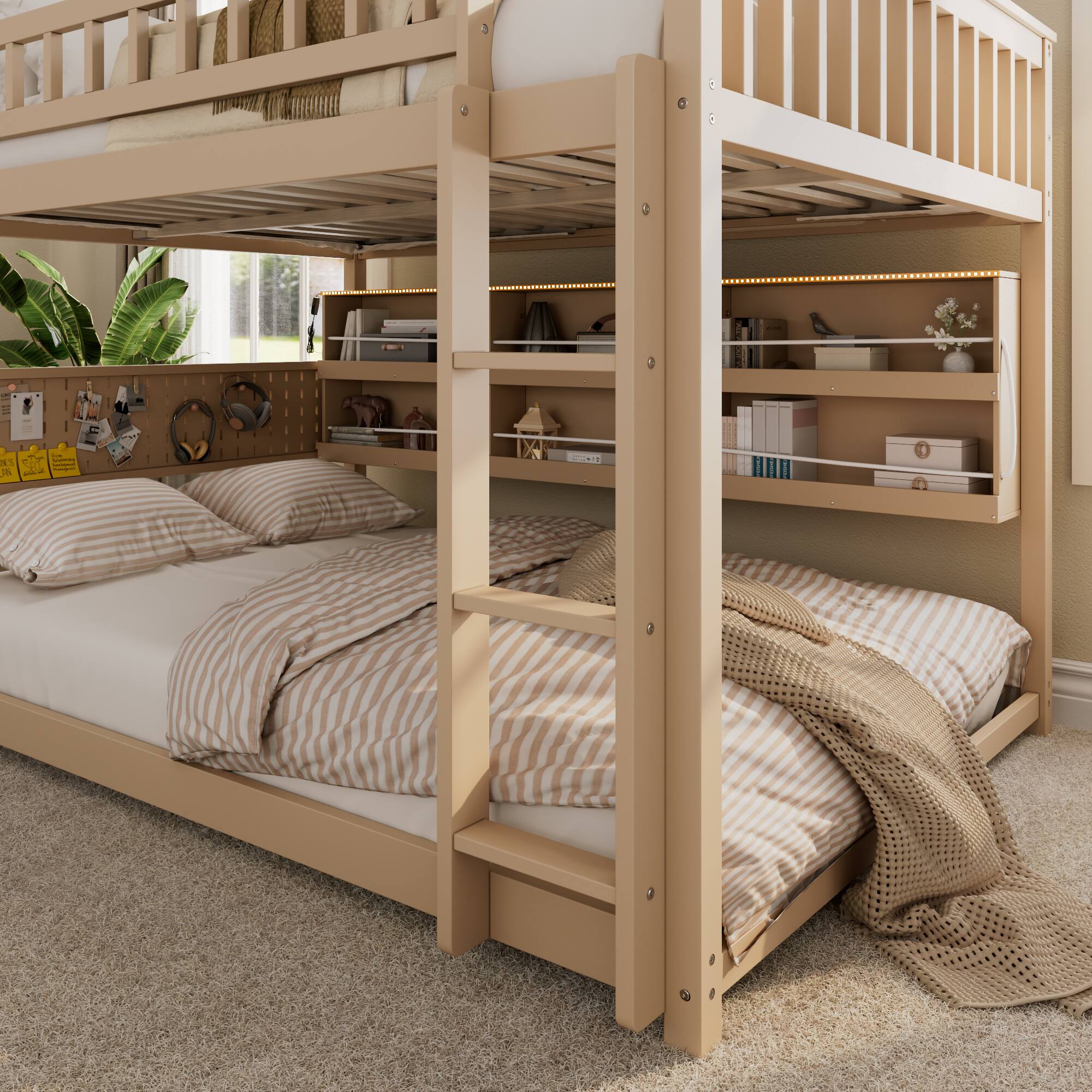 Back. Anysun - Full over Full Bunk Bed with Integrated Shelving, Color-Changing Lights and Pegboard - Beige.