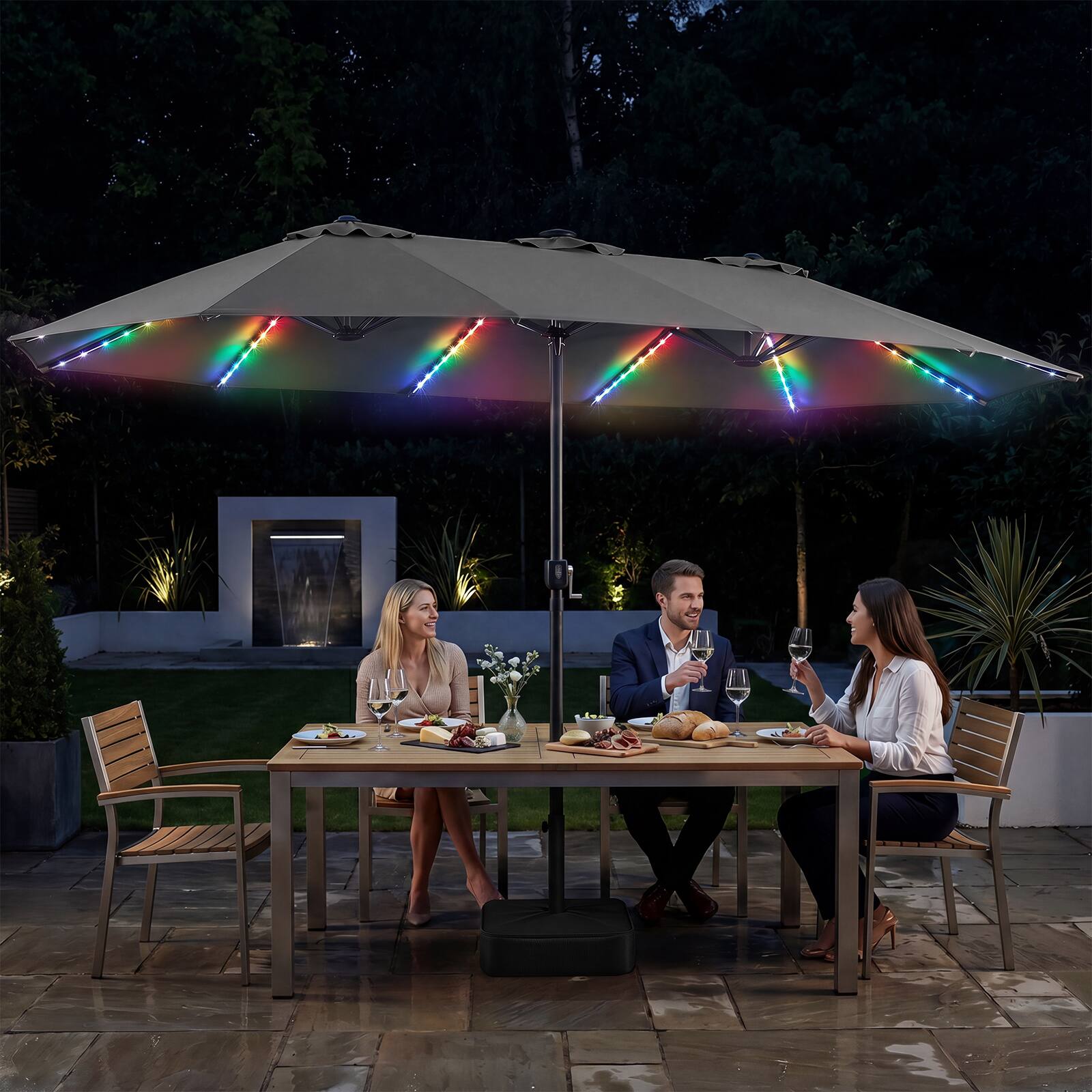 Alt View 3. Costway - Costway 15.5 FT Extra-Large Patio Umbrella with Base Included, 12 Ribs, 12 Light Modes - Gray.