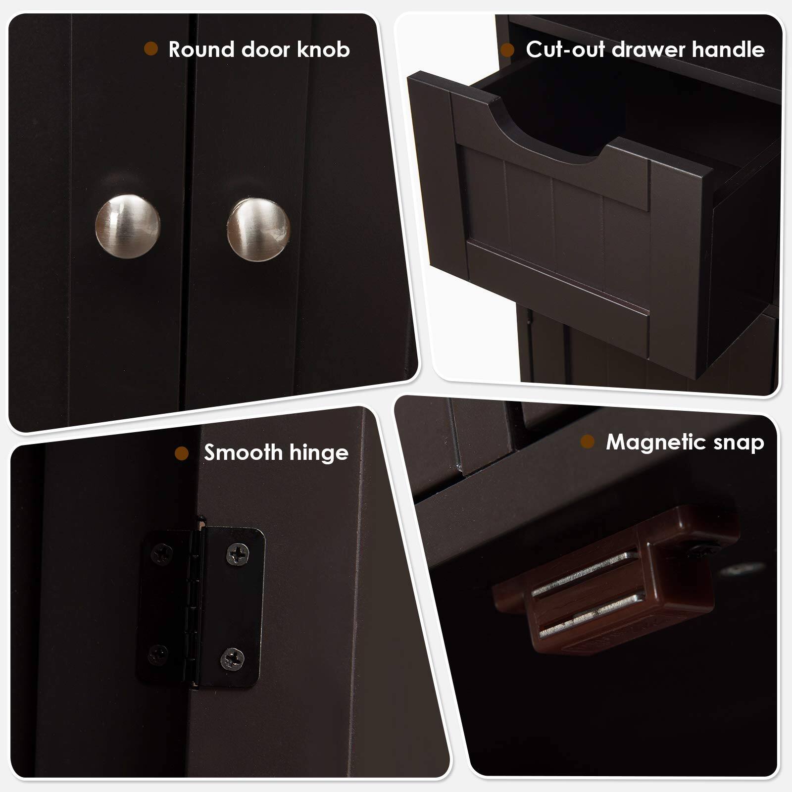 Round door knob
Cut-out drawer handle
Smooth hinge
Magnetic snap