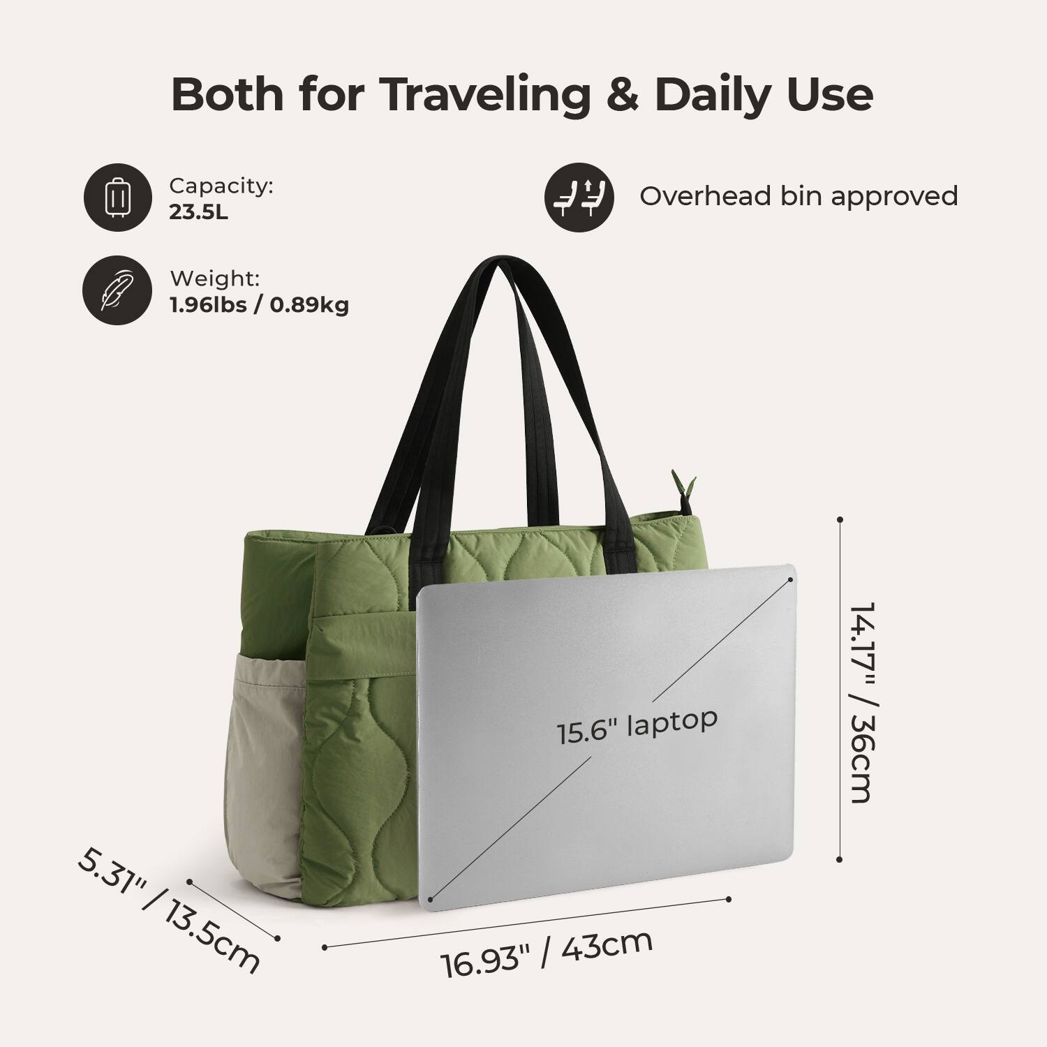 Both for Traveling & Daily Use

Capacity: 23.5L

Overhead bin approved

Weight: 1.96lbs / 0.89kg

5.31" / 13.5cm

15.6" laptop

16.93" / 43cm

14.17" / 36cm