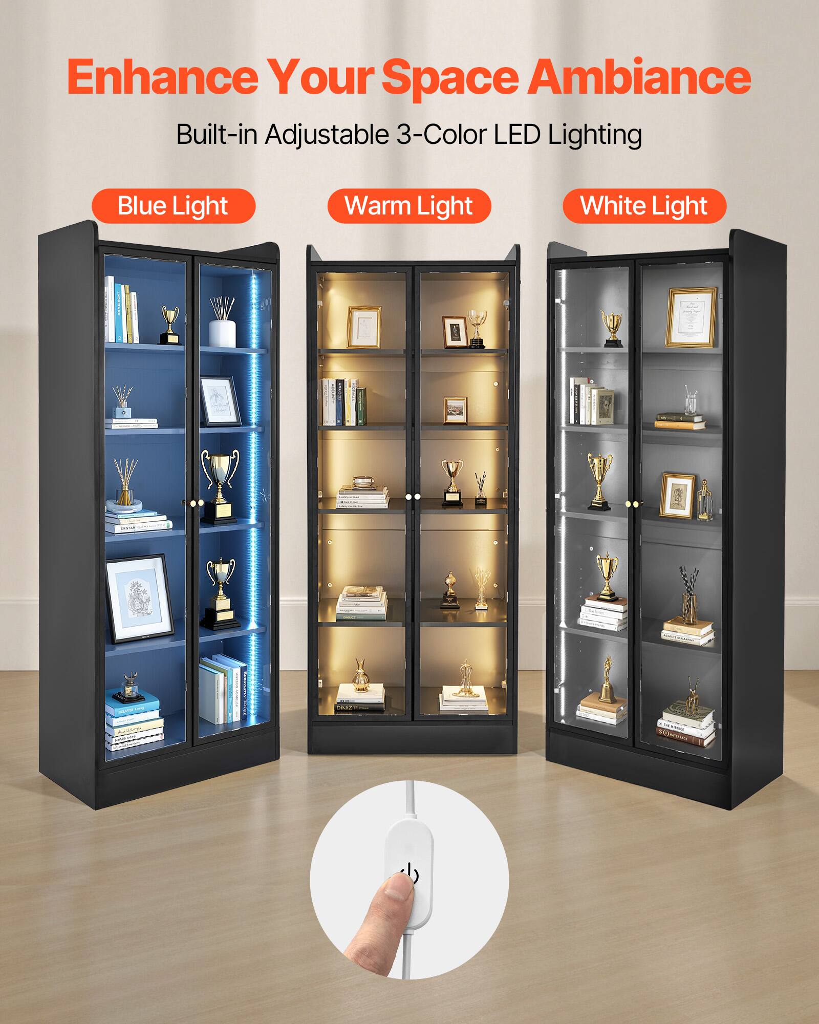 Enhance Your Space Ambiance  
Built-in Adjustable 3-Color LED Lighting  
- Blue Light  
- Warm Light  
- White Light