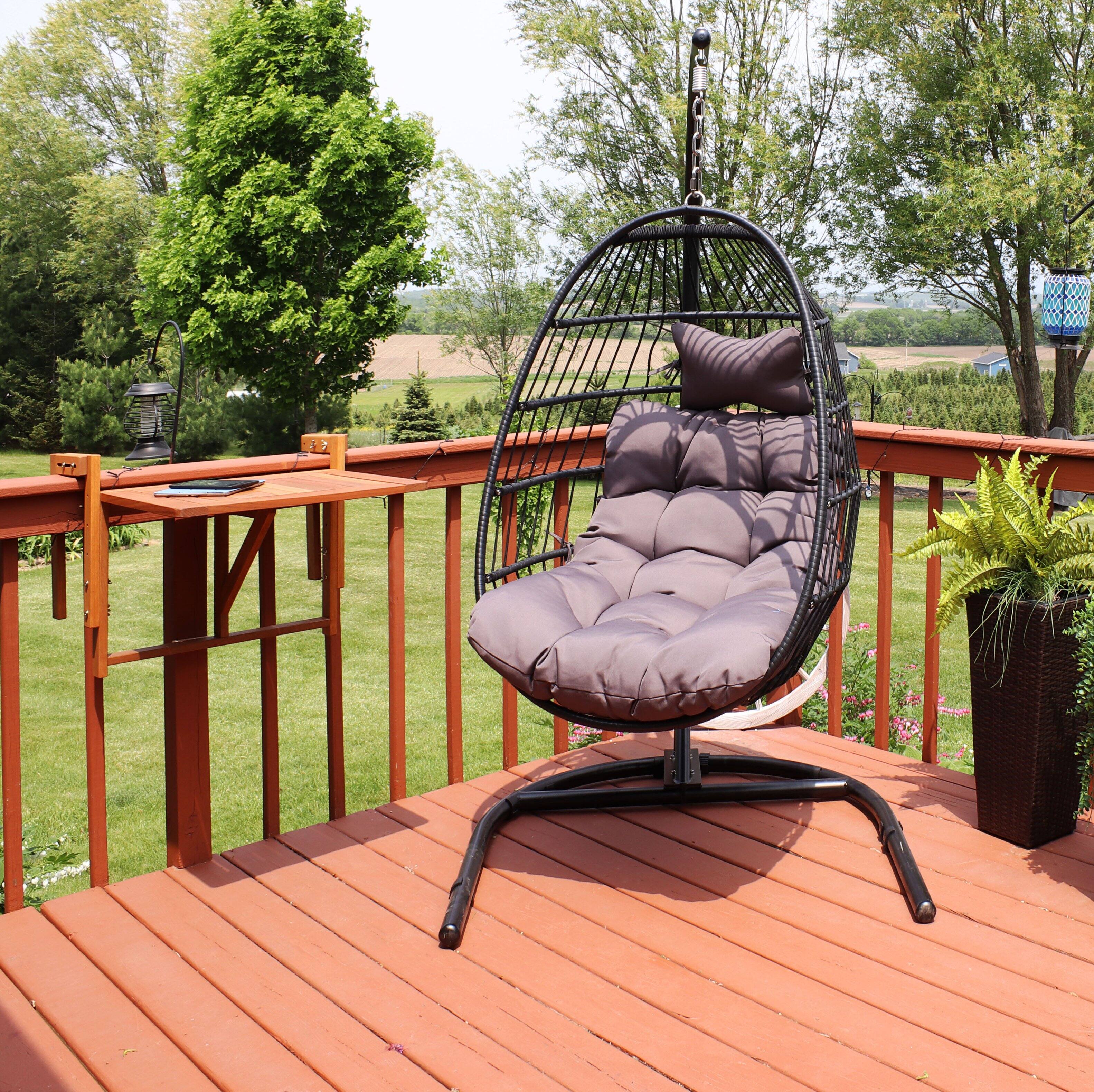 Alt View 4. Sunnydaze - Resin Wicker Hanging Egg Chair with Steel Stand/Cushions - Gray.