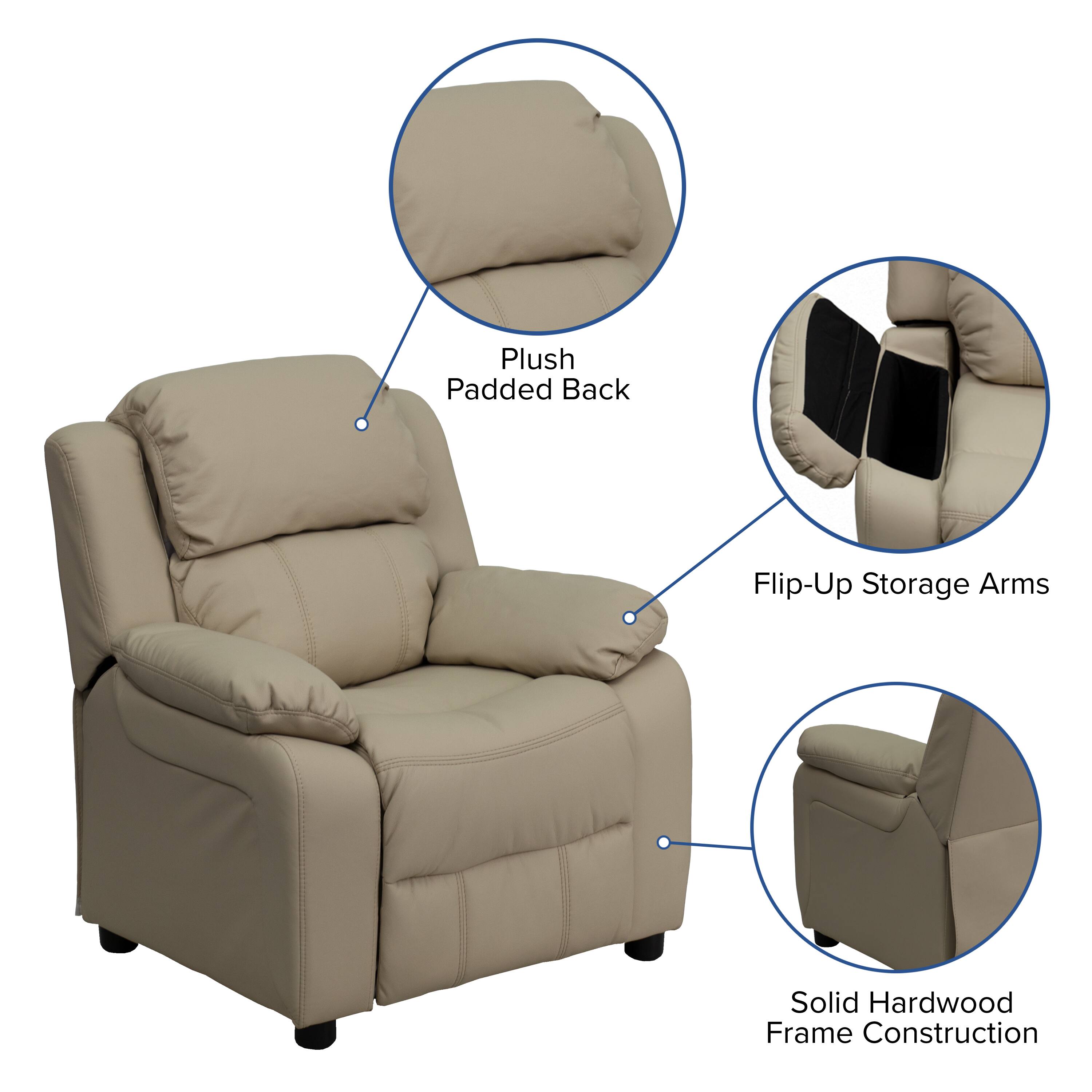 Alamont Home Deluxe Padded Contemporary Kids Recliner with Storage Arms ...