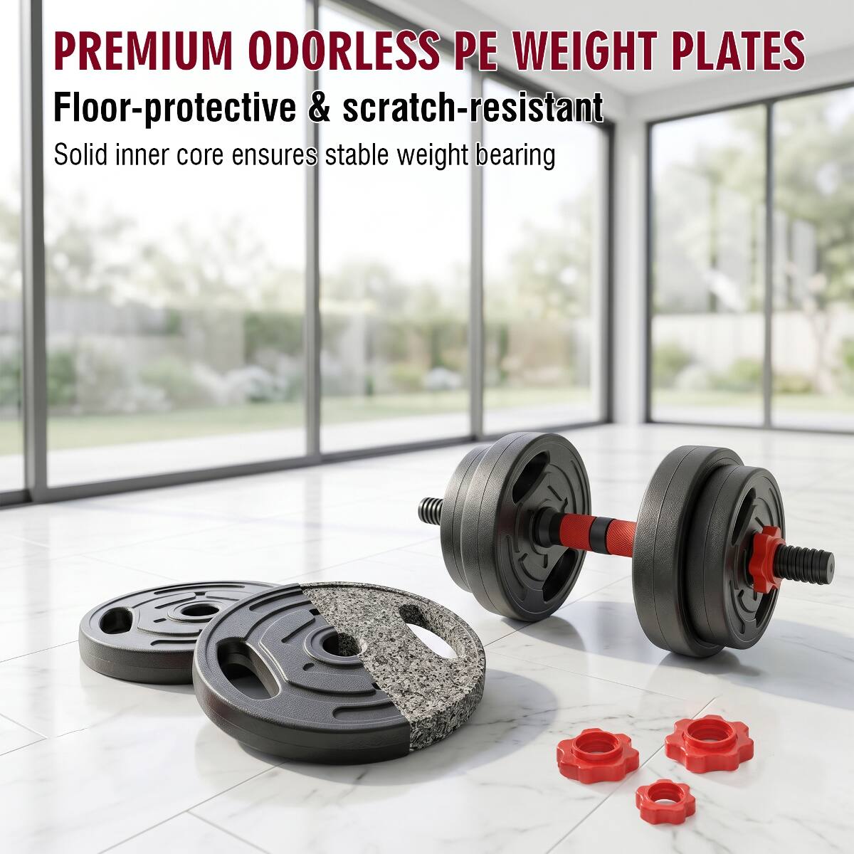 PREMIUM ODORLESS PE WEIGHT PLATES  
Floor-protective & scratch-resistant  
Solid inner core ensures stable weight bearing
