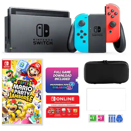 The image features a Nintendo Switch and a game called Super Mario Party Jamboree. The game comes with a full game download included, and a MarioKart Deluxe online membership for 12 months. The image also includes a black carrying case for the Nintendo Switch.