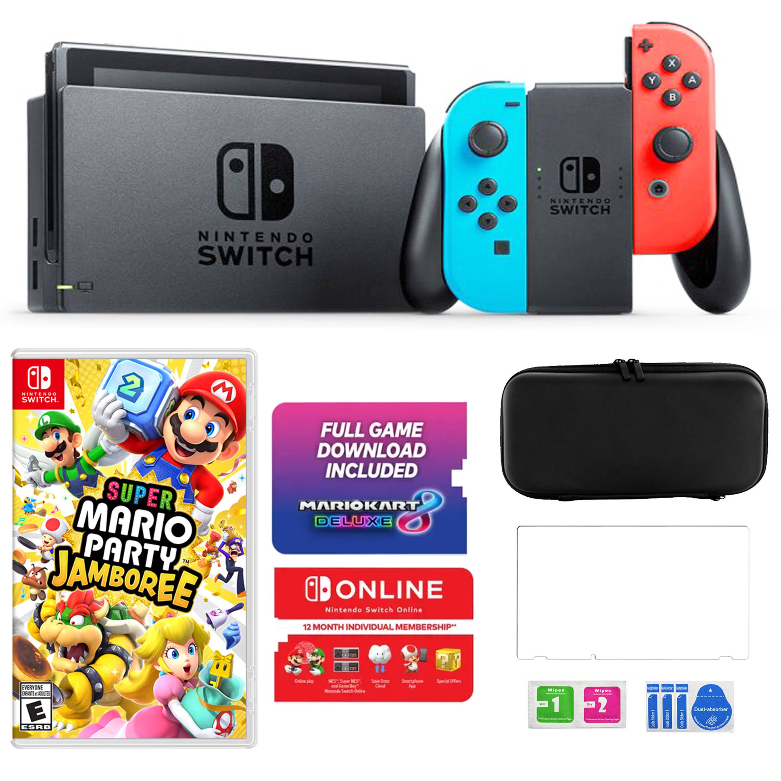 The image features a Nintendo Switch and a game called Super Mario Party Jamboree. The game comes with a full game download included, and a MarioKart Deluxe online membership for 12 months. The image also includes a black carrying case for the Nintendo Switch.
