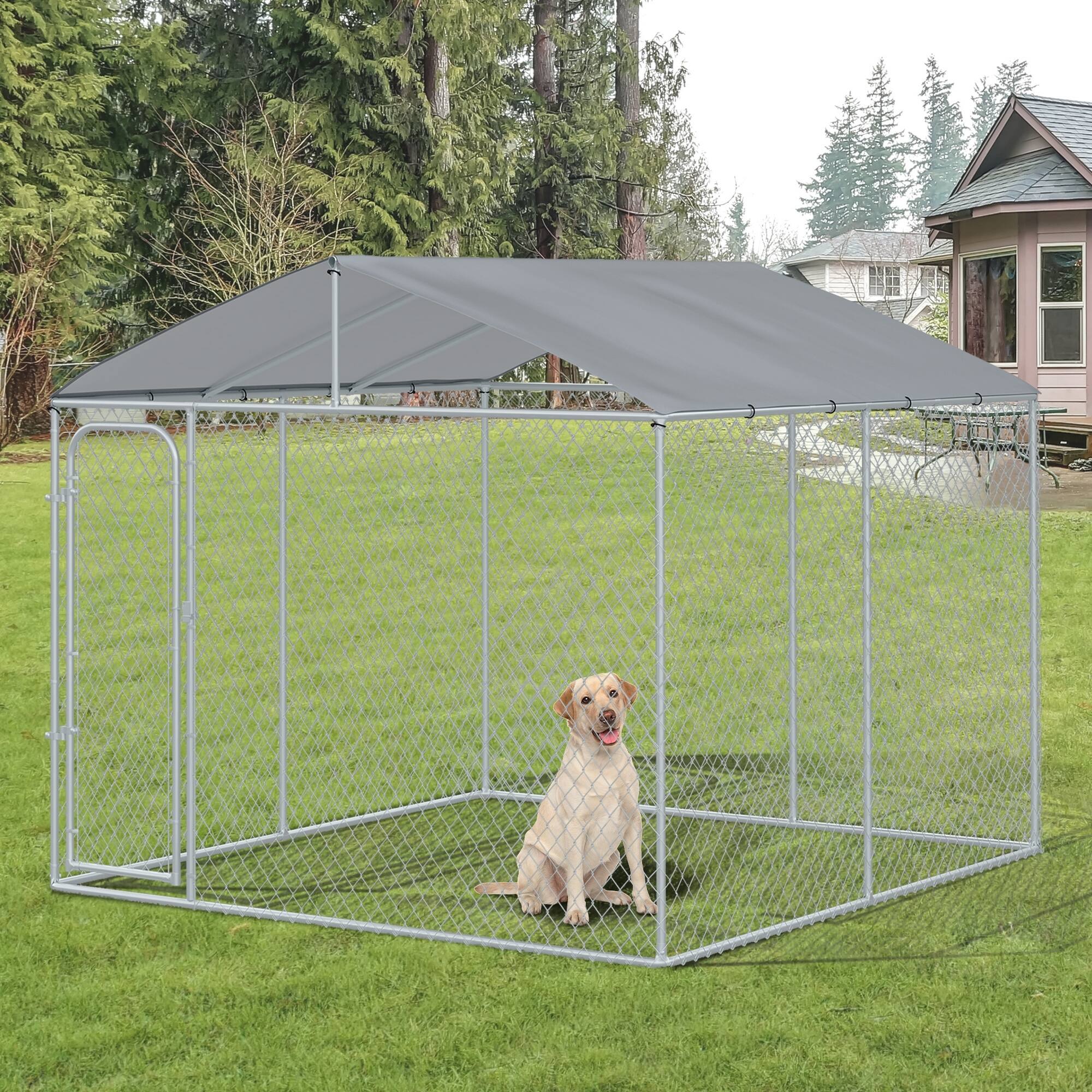 Angle. Pawhut - Outdoor Dog Kennel, Heavy Duty Dog Run Outdoor Fence with Waterproof Cover, Galvanized Chain Link, Secure Lock.
