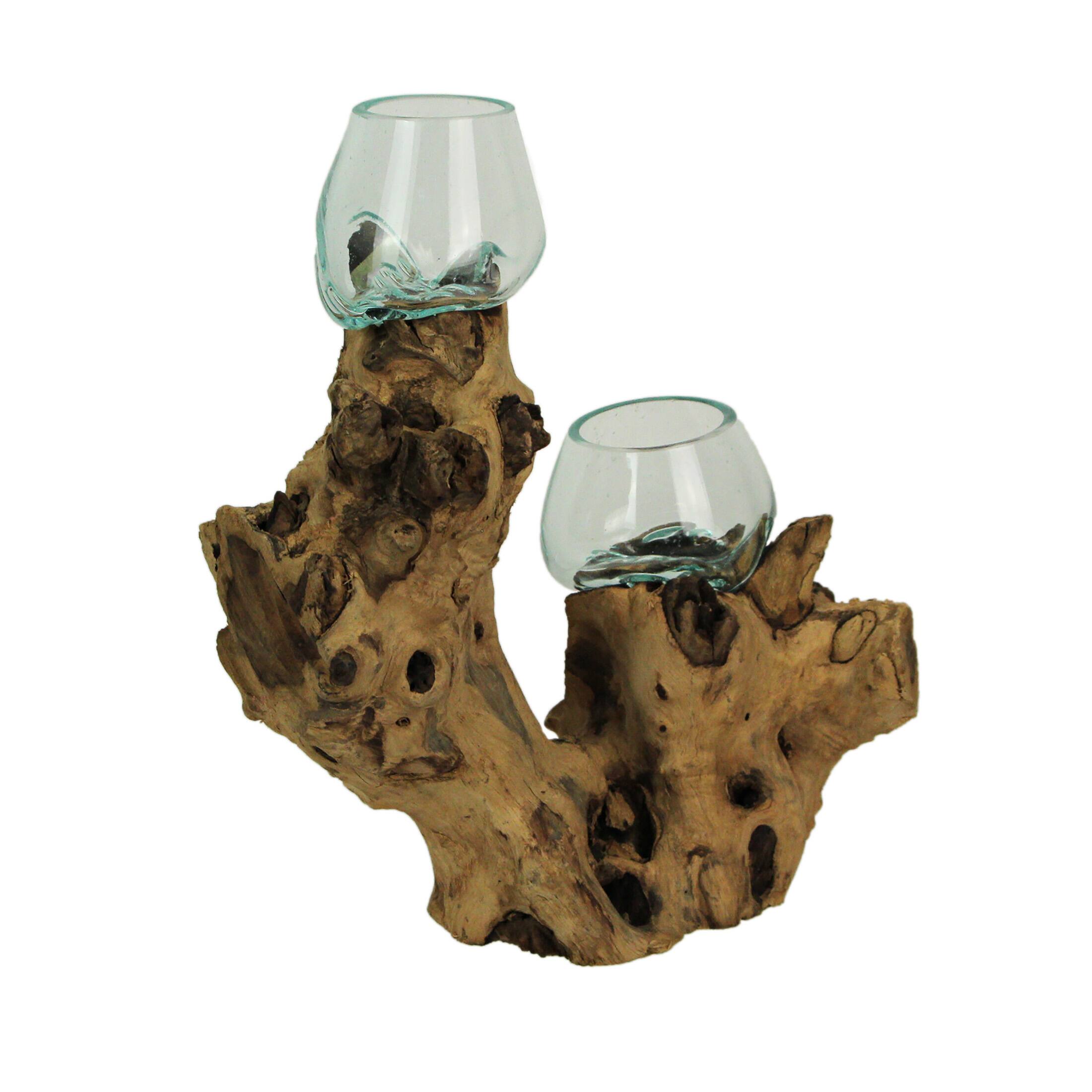 Alt View 1. Chesapeake Bay - Molten Glass On Root Wood Double Decorative Bowl Vase Plant Terrarium - Boho Style For Tabletops - Brown.