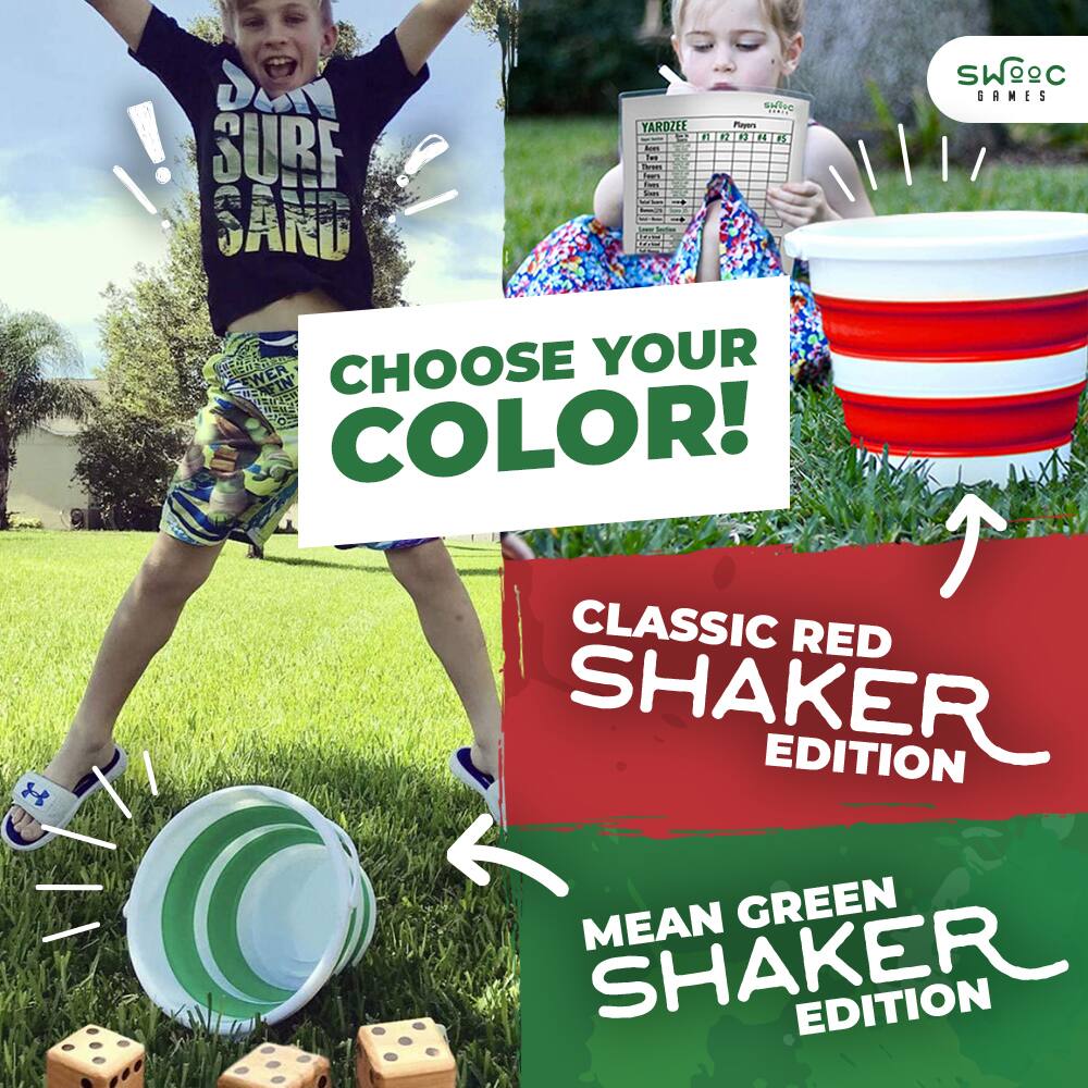 Sure, here is the corrected and grouped text from the image:

---

**CHOOSE YOUR COLOR!**

**CLASSIC RED SHAKER EDITION**

**MEAN GREEN SHAKER EDITION**

**SWOEC GAMES**

**YARDZEE**

**Players**

**1-8**

**SURF SAND**

---

The text is organized as follows:

1. **CHOOSE YOUR COLOR!** (centered in a white box)
2. **CLASSIC RED SHAKER EDITION** (on the right side, with an arrow pointing to the red shaker)
3. **MEAN GREEN SHAKER EDITION** (on the left side, with an arrow pointing to the green shaker)
4. **SWOEC GAMES** (in the top right corner)
5. **YARDZEE** (on the scorecard held by the child on the right)
6. **Players 1-8** (below the YARDZEE text on the scorecard)
7. **SURF SAND** (on the shirt of the child on the left)
