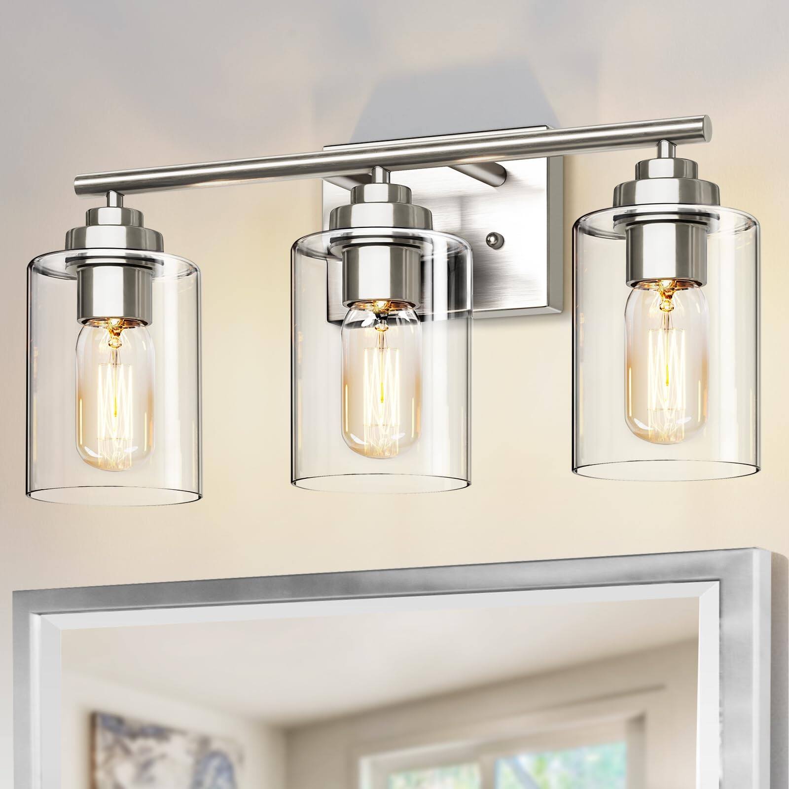 Front. Comfort Essence - Bathroom Vanity Light Over Mirror Fixture Wall Sconce Lighting For Bedroom Living Room - Nickel 3-Light.